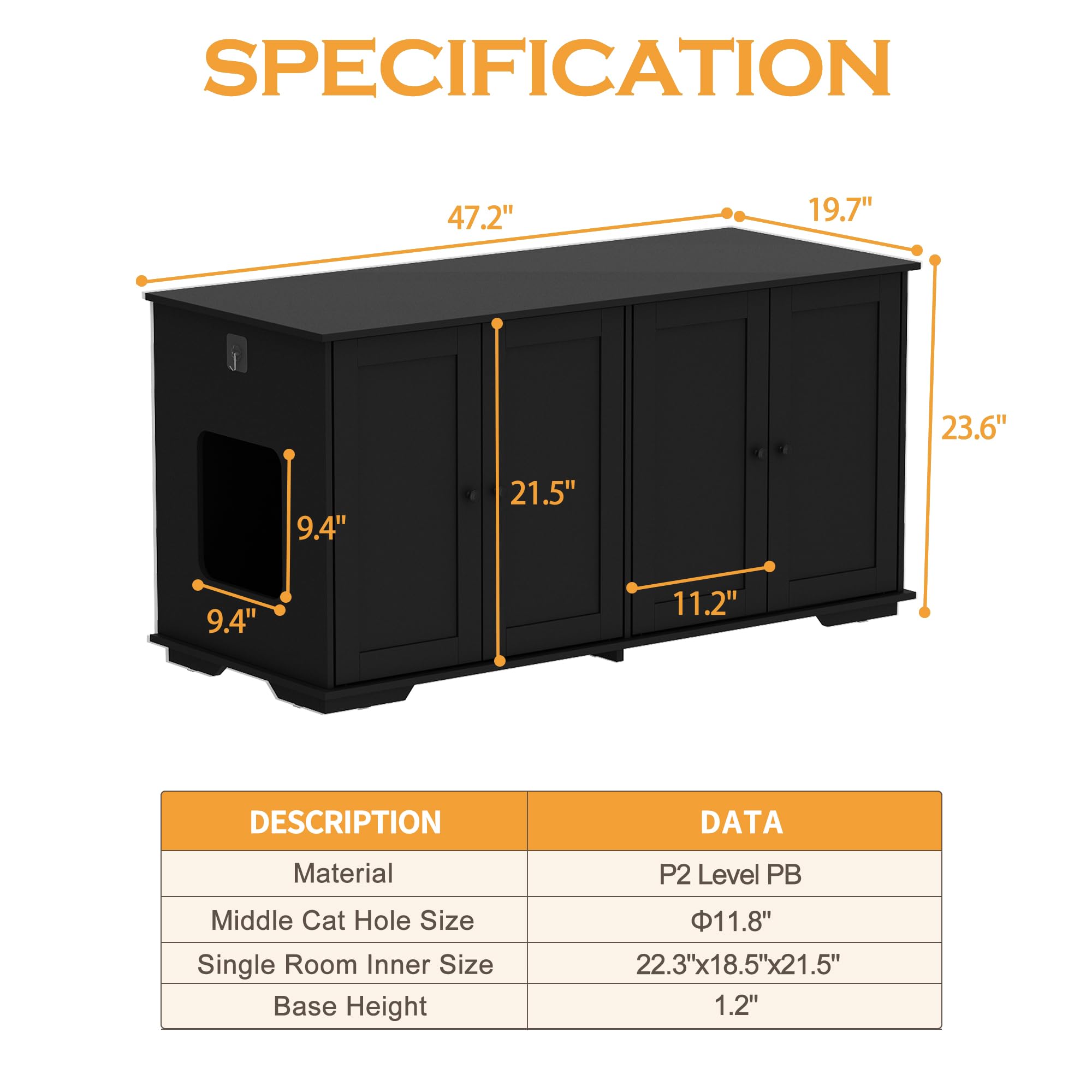 Moolive Cat Litter Box Enclosures, 47.2'' Double Hidden Litter Box Furniture Cabinet With 4 Doors And Divider, Large Cat Washroo