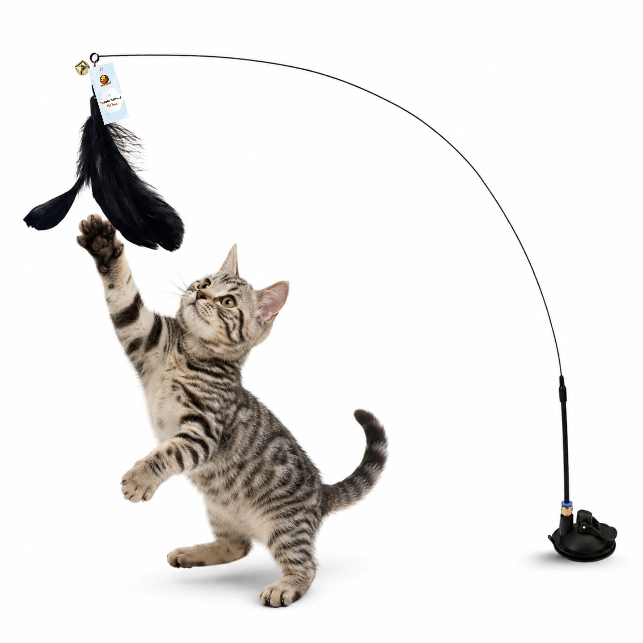 Foodie Puppies Cat Teaser Playing Wand With Feather (Suction Cup Cat Teaser) For Cats And Kittens | Vibrant Interactive Bell Han