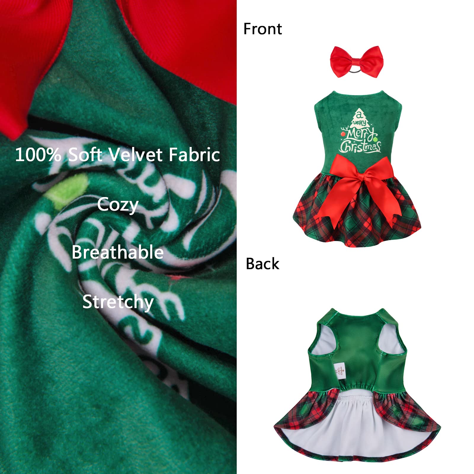 Cutebone Christmas Tree Dog Dress Velvet For Small Dogs Girl Puppy Dresses Green Plaid Dog Clothes Cva05Xxs-D