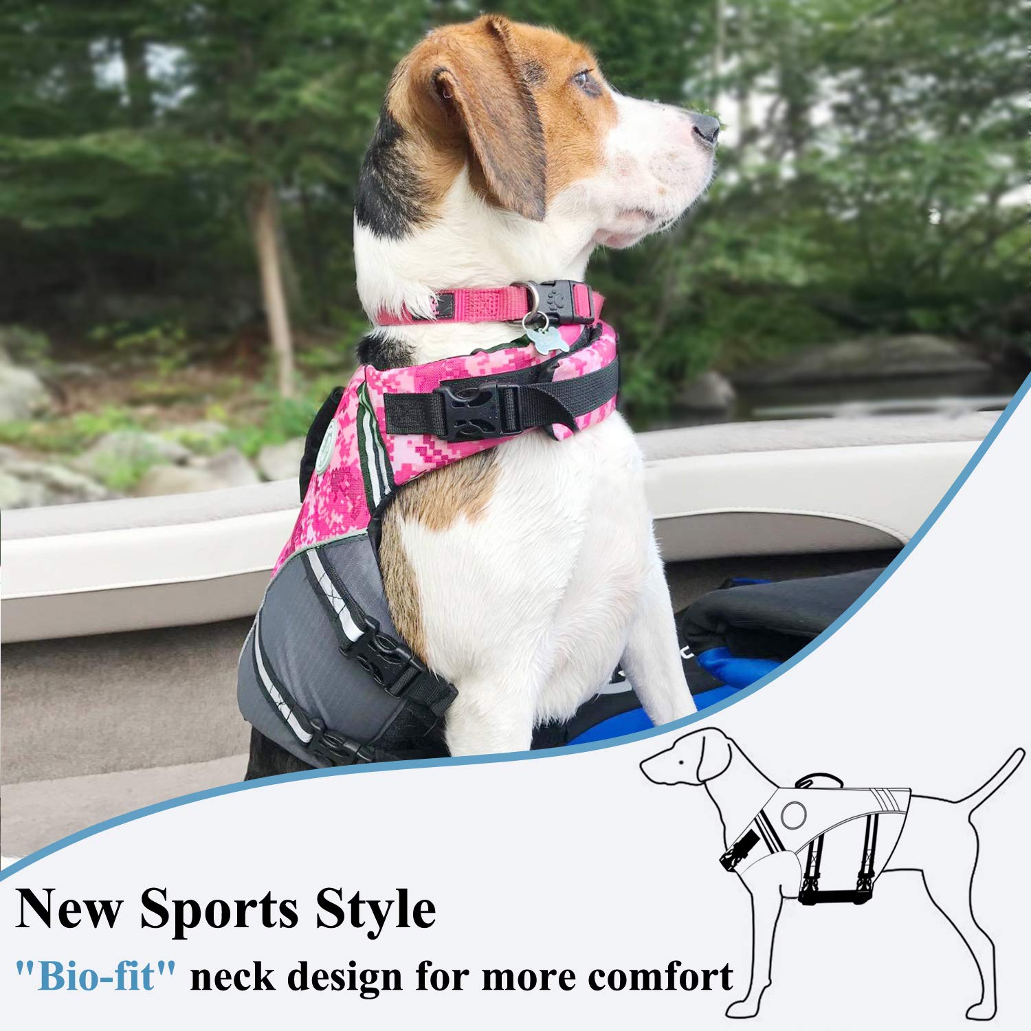 Vivaglory Sports Style Dog Life Jacket With Adjustable & Durable, Extra Flotation Swim Life Vest With Secure Fastening System For Large Dogs, Camo Pink