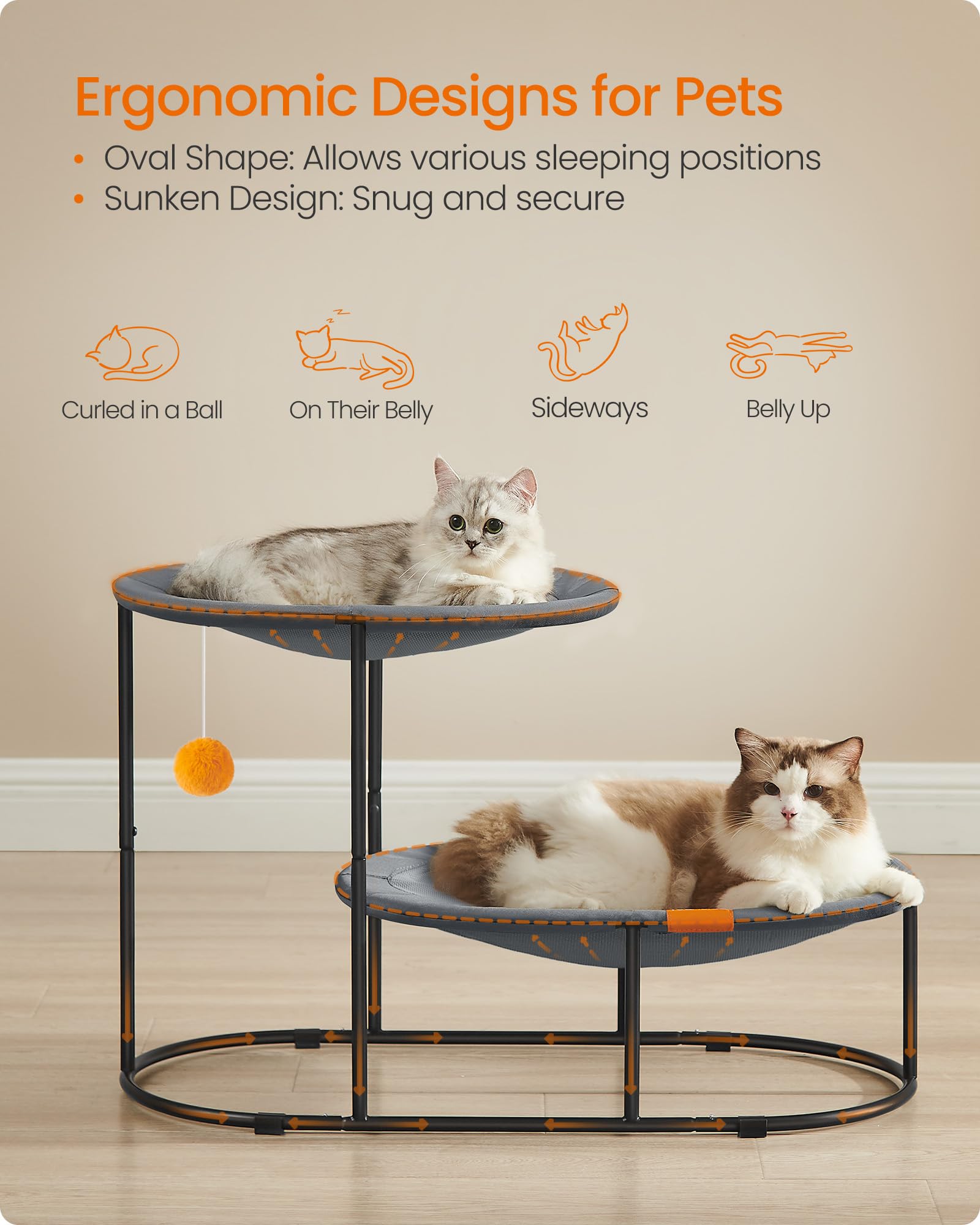 Feandrea 2-Tier Elevated Cat Hammock Bed, Breathable Furniture For Multi-Cat Households Indoor And Outdoor, With Removable Washa