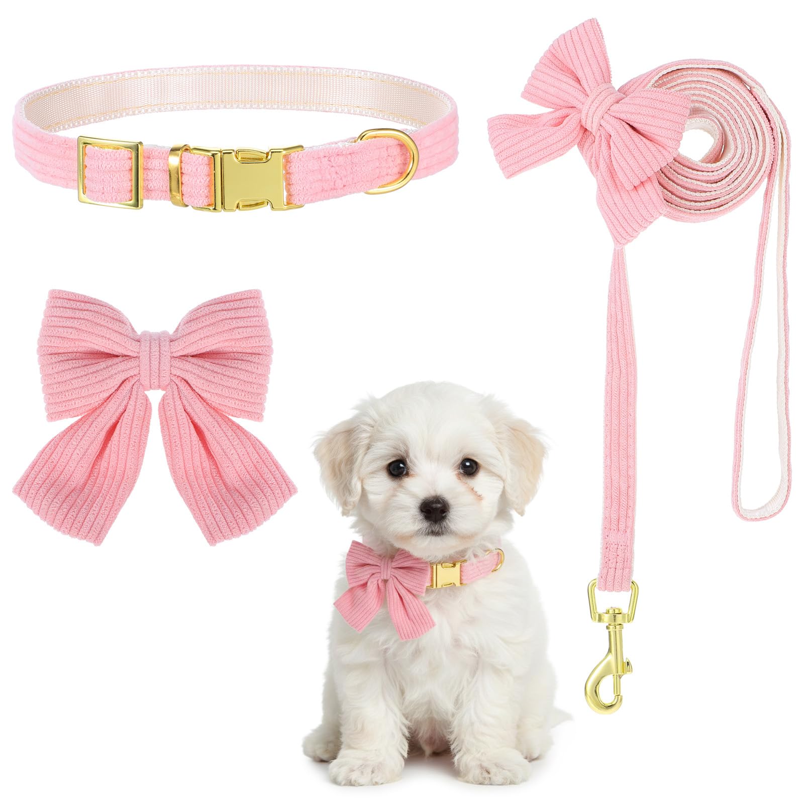 2pcs Dog Collar and Leash Set with Bowtie Cute Small Dog Collar Harness Leash Set Adjustable Breathable Soft Padded for Small Me