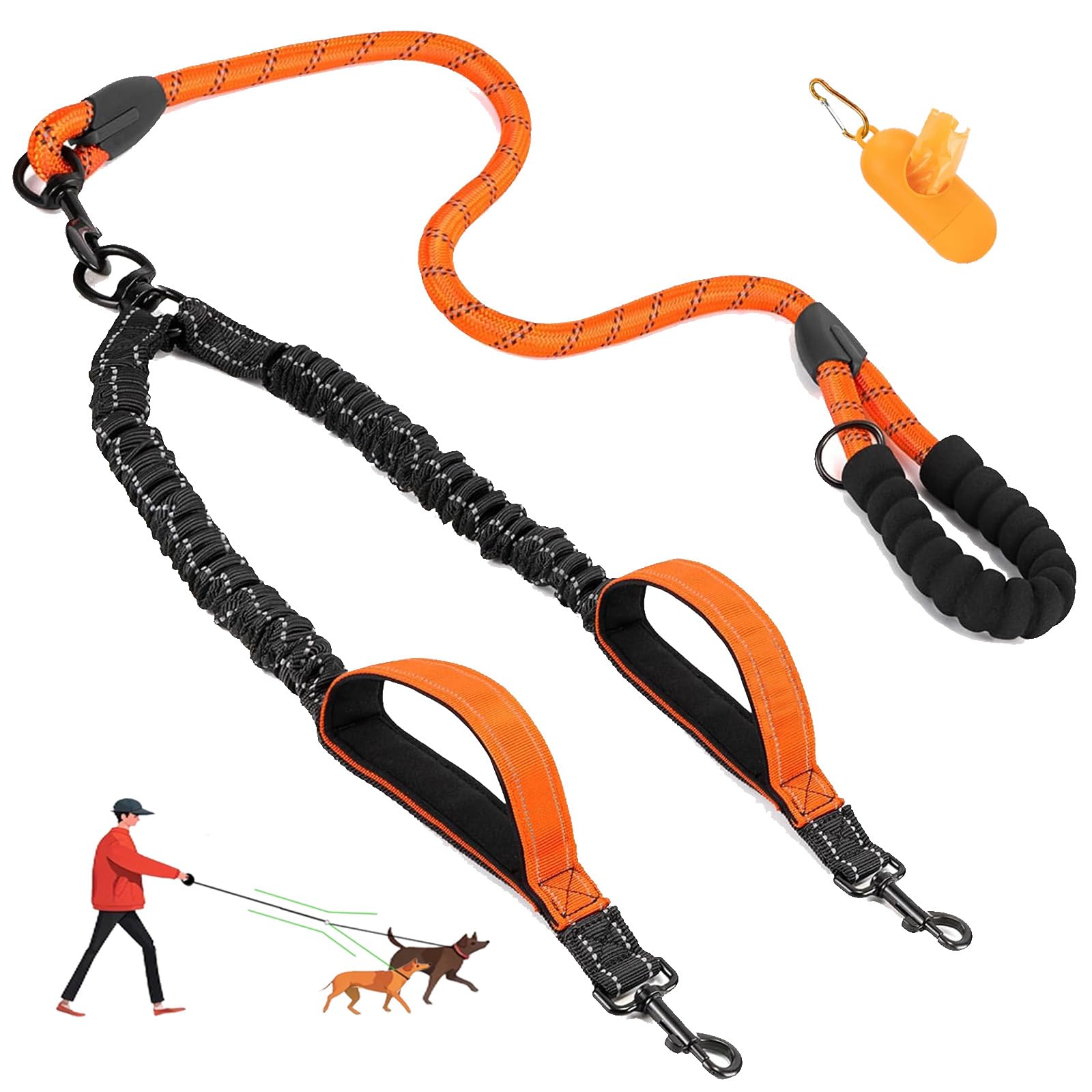Leosasa Double Dogs Leash - Removable Main Lead Rope With Splitter, No Tangle 2 Dog Coupler, Reflective No Pull Bungee, 3 Handle