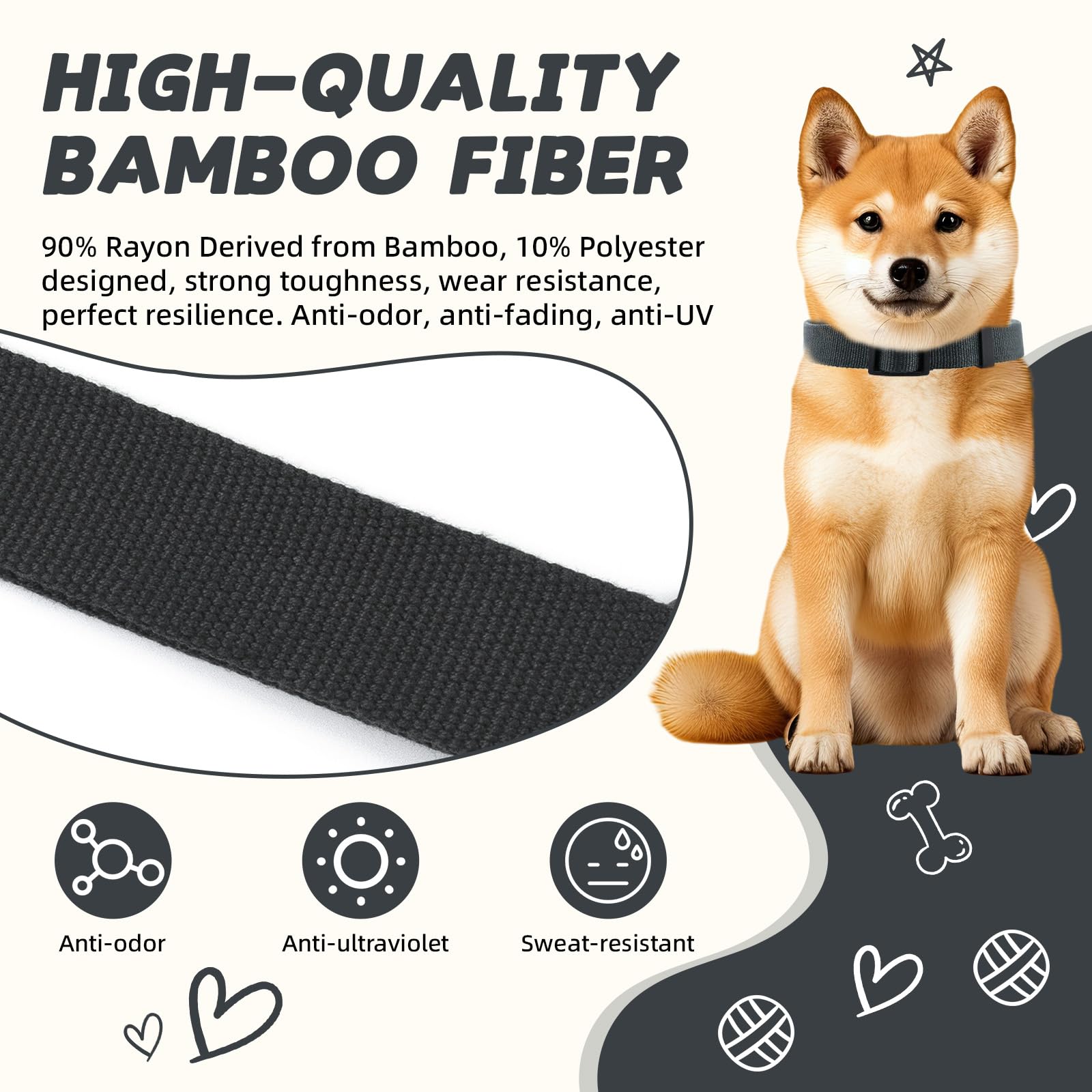 Grey Dog Collar For Small Dogs, Breathable, Anti-Odor & Soft, Comfortable For Sensitive Skin Puppies, 90% Bamboo Rayon, Adjustab