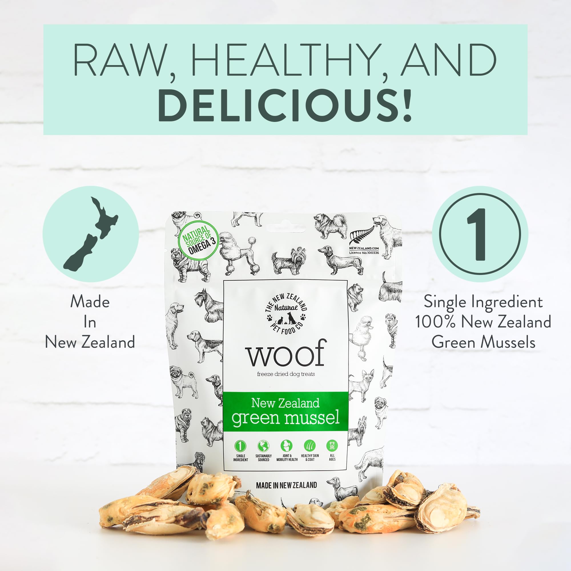 The New Zealand Natural Pet Food Co Woof Green Lipped Mussels Freeze Dried 1.76oz, Brown