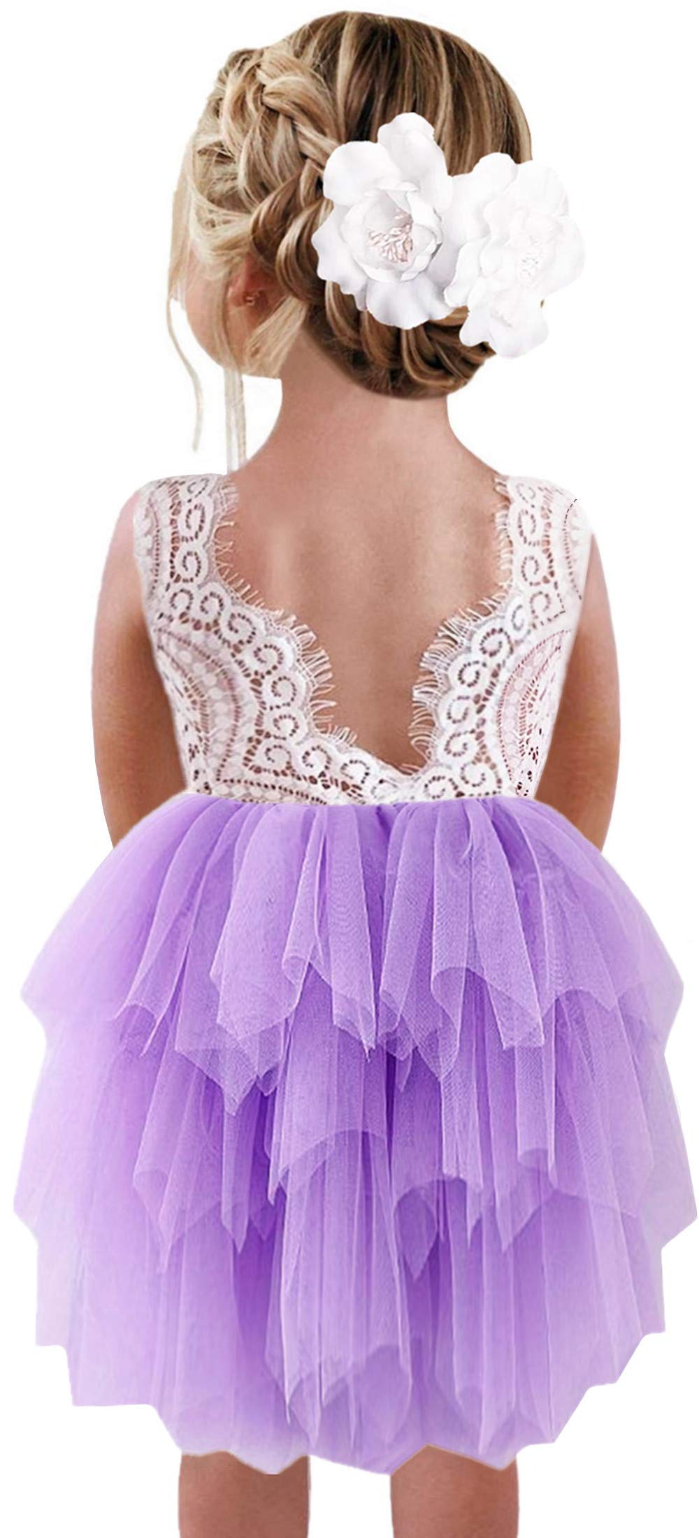 2Bunnies Girl Peony Lace Back A-Line Tiered Tutu Tulle Flower Girl Dress (Purple Sleeveless Short, 2T)