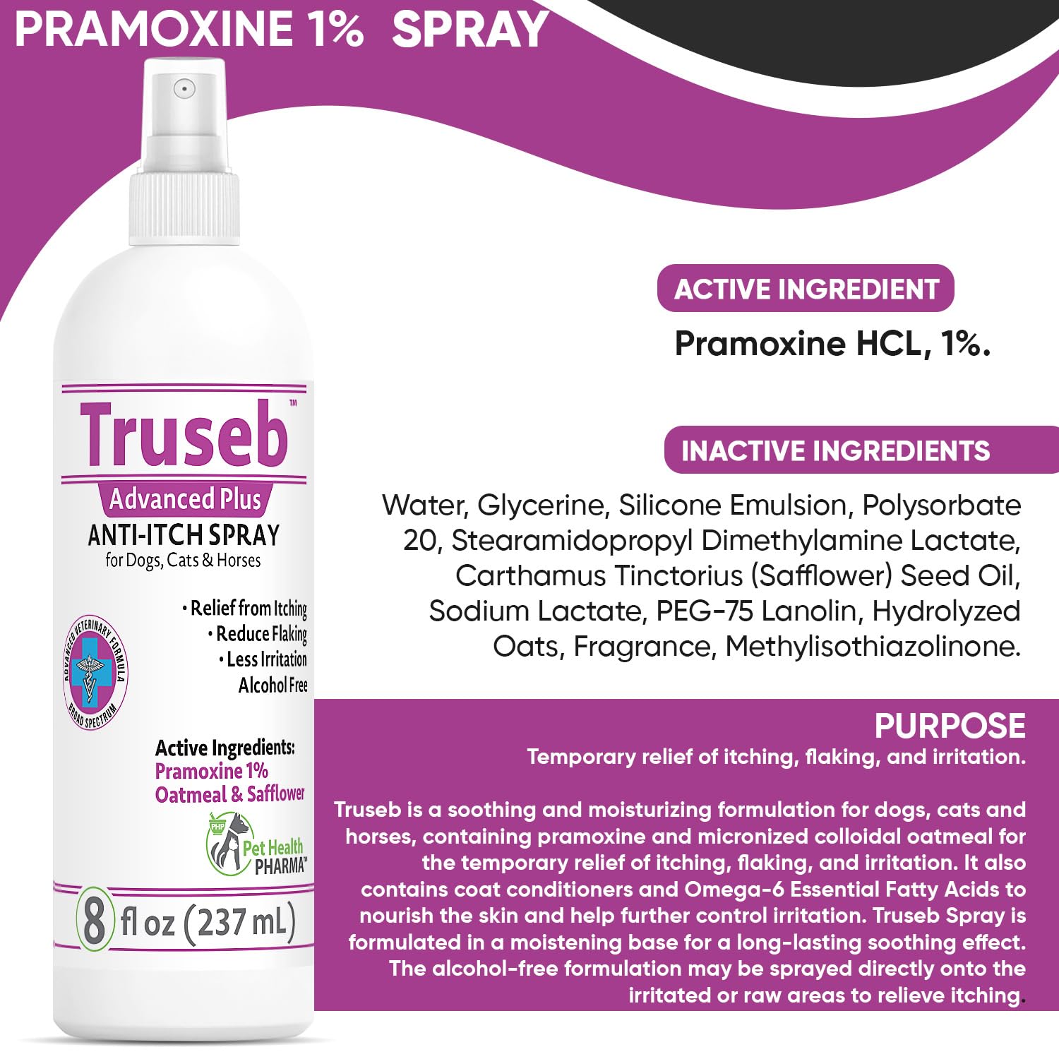 Pet Health Pharma Truseb | Pramoxine HCL 1% Spray for Dogs and Cats with Moisturizing Oatmeal Made in U.S.A (8 oz)
