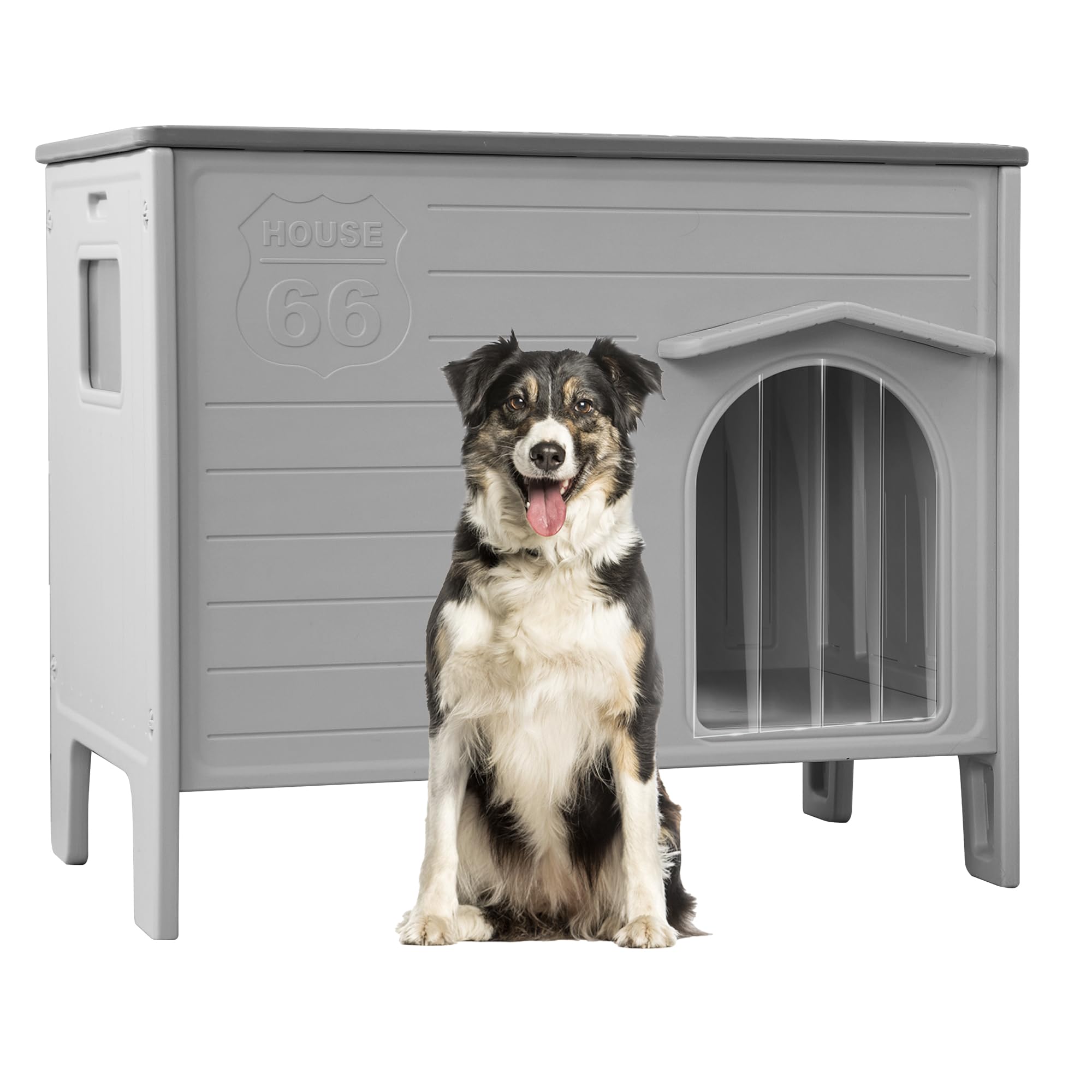 Durable Waterproof Plastic Dog House for Outdoor Indoor,Large Dog House with Side Window Elevated Floor, Easy to Assemble Easy t