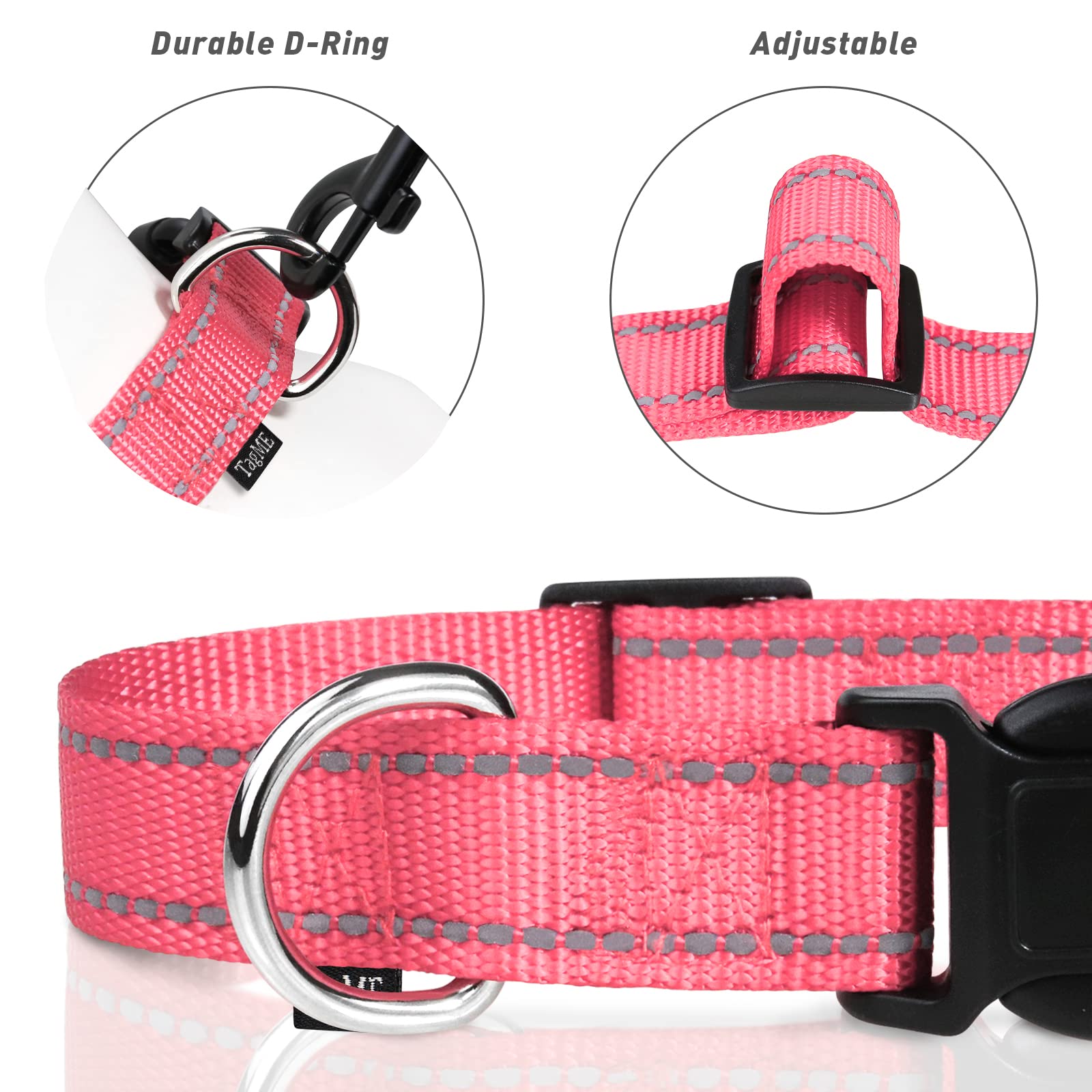 Tagme Reflective Nylon Dog Collars, Adjustable Classic Dog Collar With Quick Release Buckle For Extra Large Dogs, Baby Pink, 1¼' Width