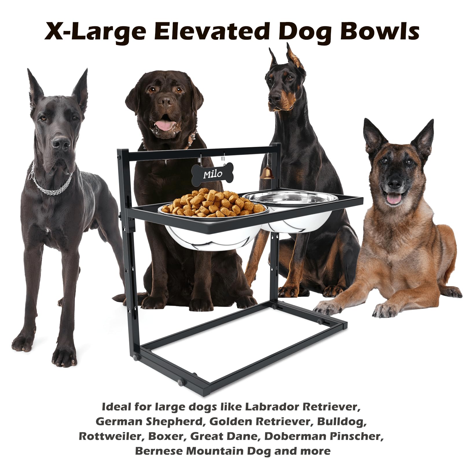 SHAINFUN Elevated Dog Feeder for Large Breeds, Adjustable Height Raised Dog Bowl Stand with 3000ML Stainless Steel Bowls