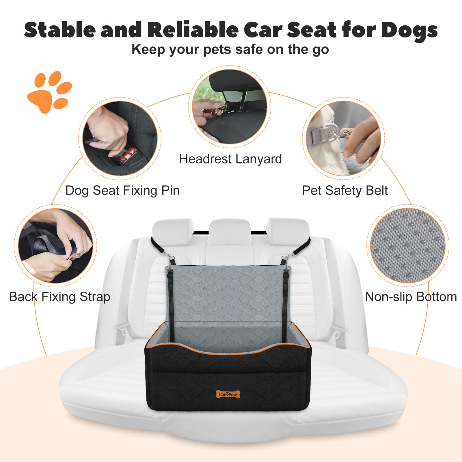 VavoPaw Car Seat for Large Medium Dog, Dog Booster Seats Under 60Lbs or 2 Small Dogs Washable, Pet Car Seats with 2 Safety Leash