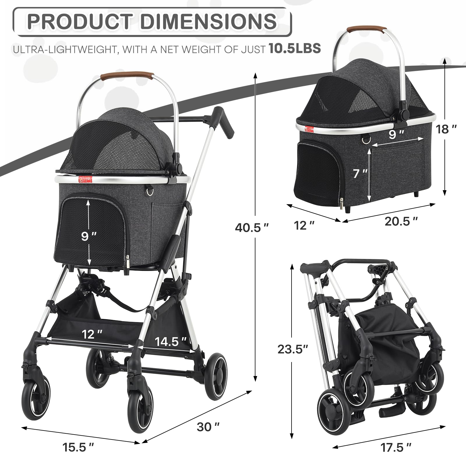 Monibloom Pet Stroller For Small/Medium Dogs W/Detachable Carrier & Lightweight Aluminum Frame, Folding Jogging Travel Stroller,