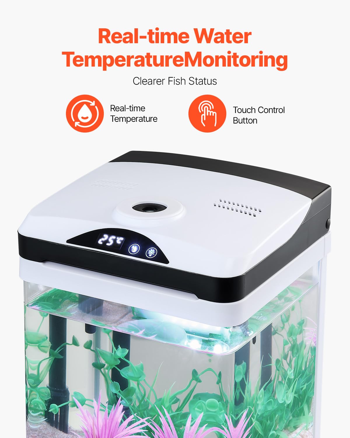 VEVOR Fish Tank Aquarium, 2 Gallon LED Square Ultra-Clear Glass Tank Temperature Monitoring Adjustable 7 Color Lighting, Self Cl