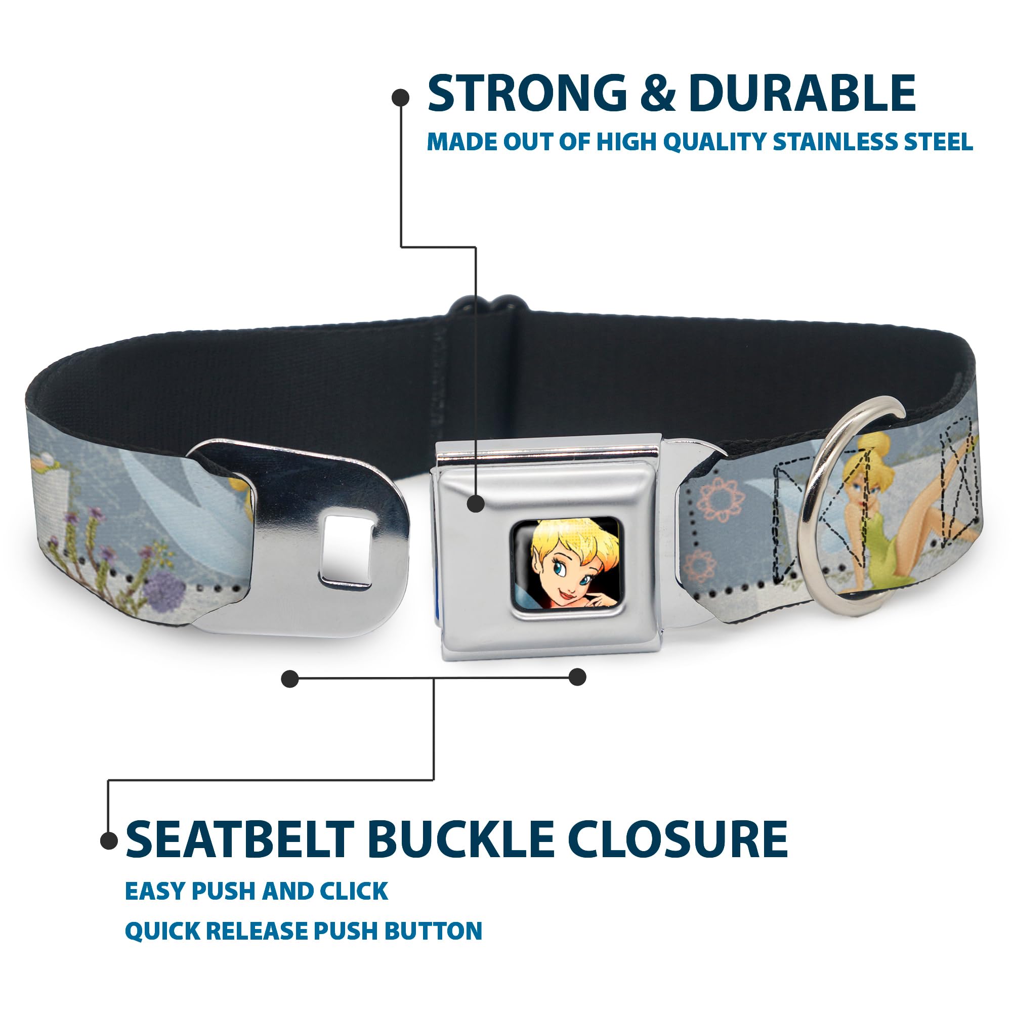 Buckle-Down Seatbelt Buckle Dog Collar - Tinker Bell Garden Poses - 1'' Wide - Fits 15-26'' Neck - Large