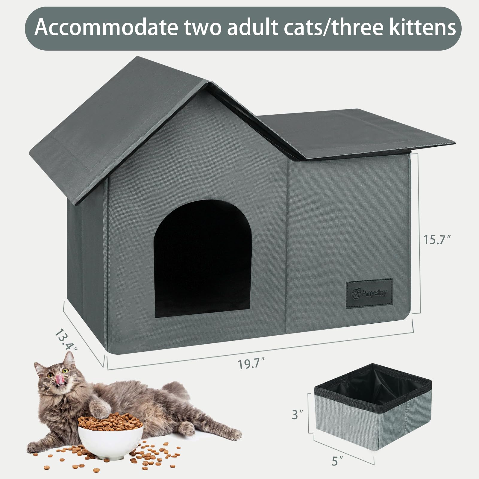 Anysiny Gray Large Weatherproof Cat House for Outdoor & Indoor Cats - Collapsible Shelter with Soft Mat & Bowl for Winter