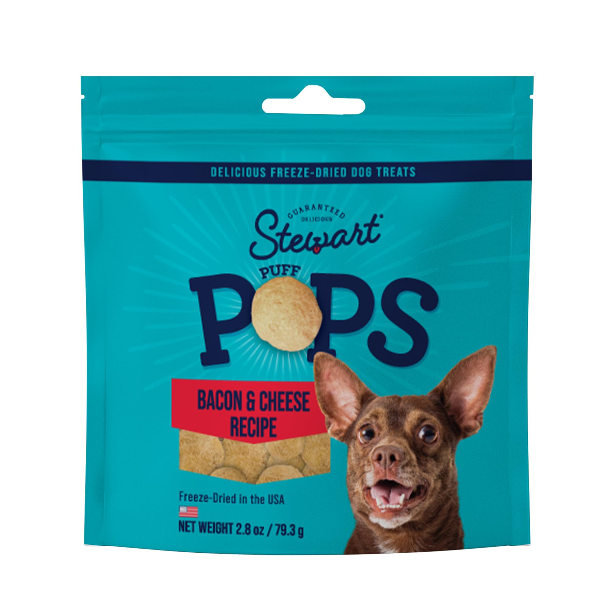 Stewart Freeze Dried Dog Treats, PuffPops Bacon and Cheese Recipe, Gluten Free, 2.8 Ounce Resealable Pouch, Made in USA, Dog Tra