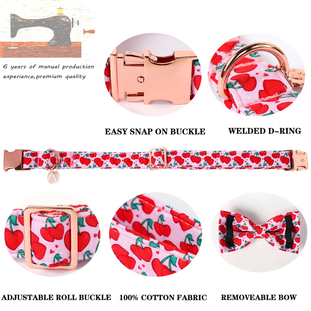 Dogwong Valentine Dog Collar With Bow, Pink Cherry Heart Dog Collar Durable Soft Cotton Pet Dog Collar Cute Heart Valentines Day