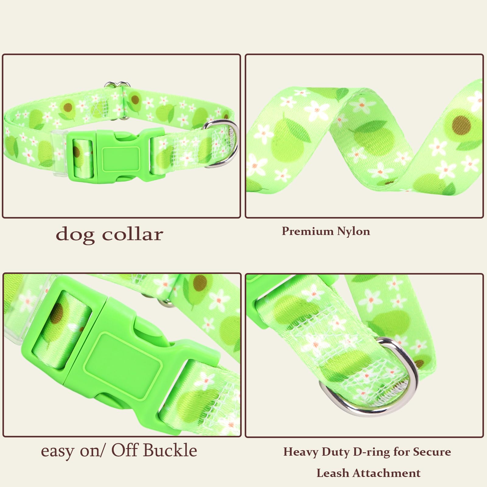 Soft Nylon Adjustable Dog Collar With Cute Avocado Design - Green Durable Collar For Small, Medium, Large & Xl Dogs | No-Slip Co
