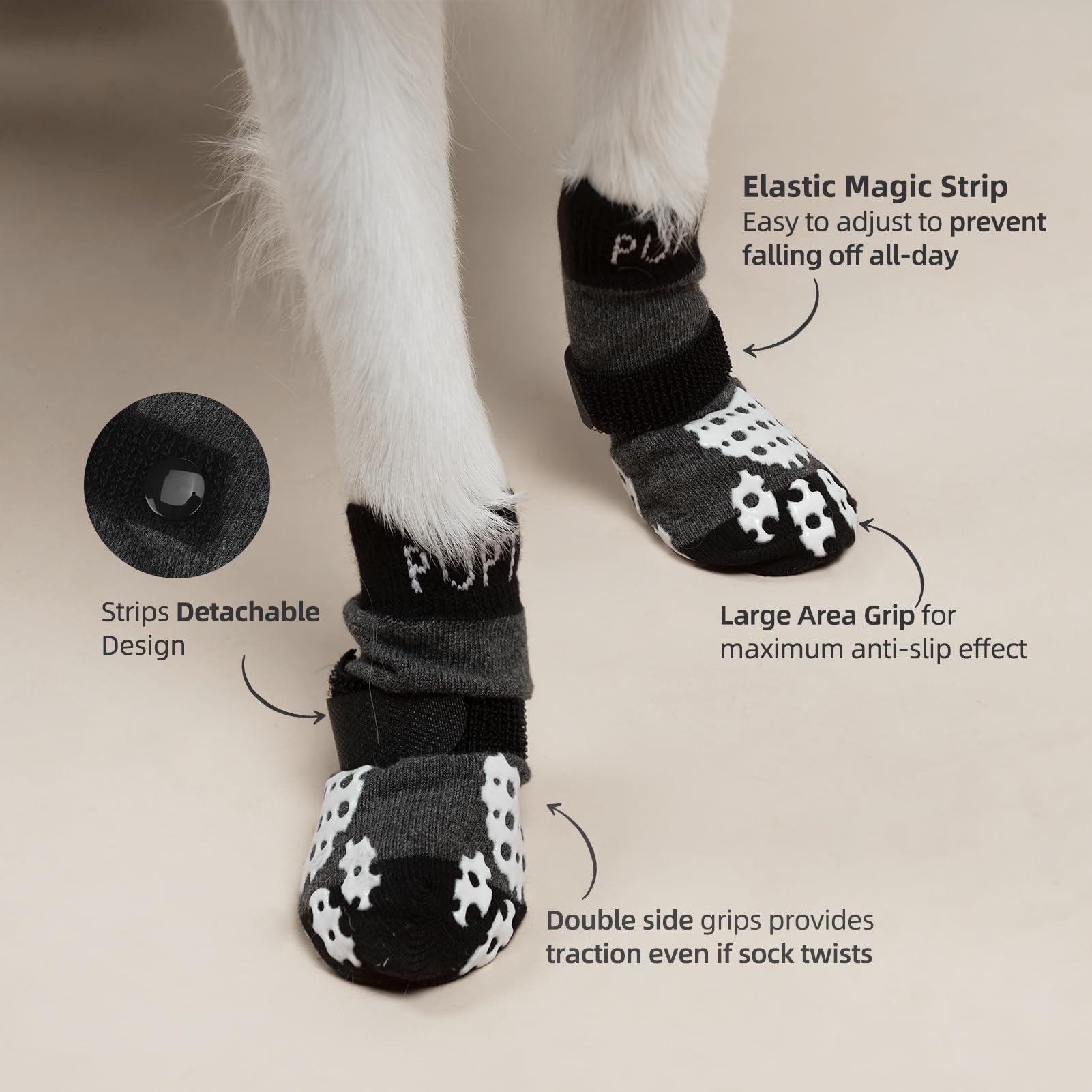 Pupteck Anti-Slip Dog Socks With Double Sides Grips For Small Medium Large Dogs Hardwood Floors Prevents Licking, Dog Shoes For Hot Pavement Traction Control Paw Protector For Senior Dogs, Grey Xl
