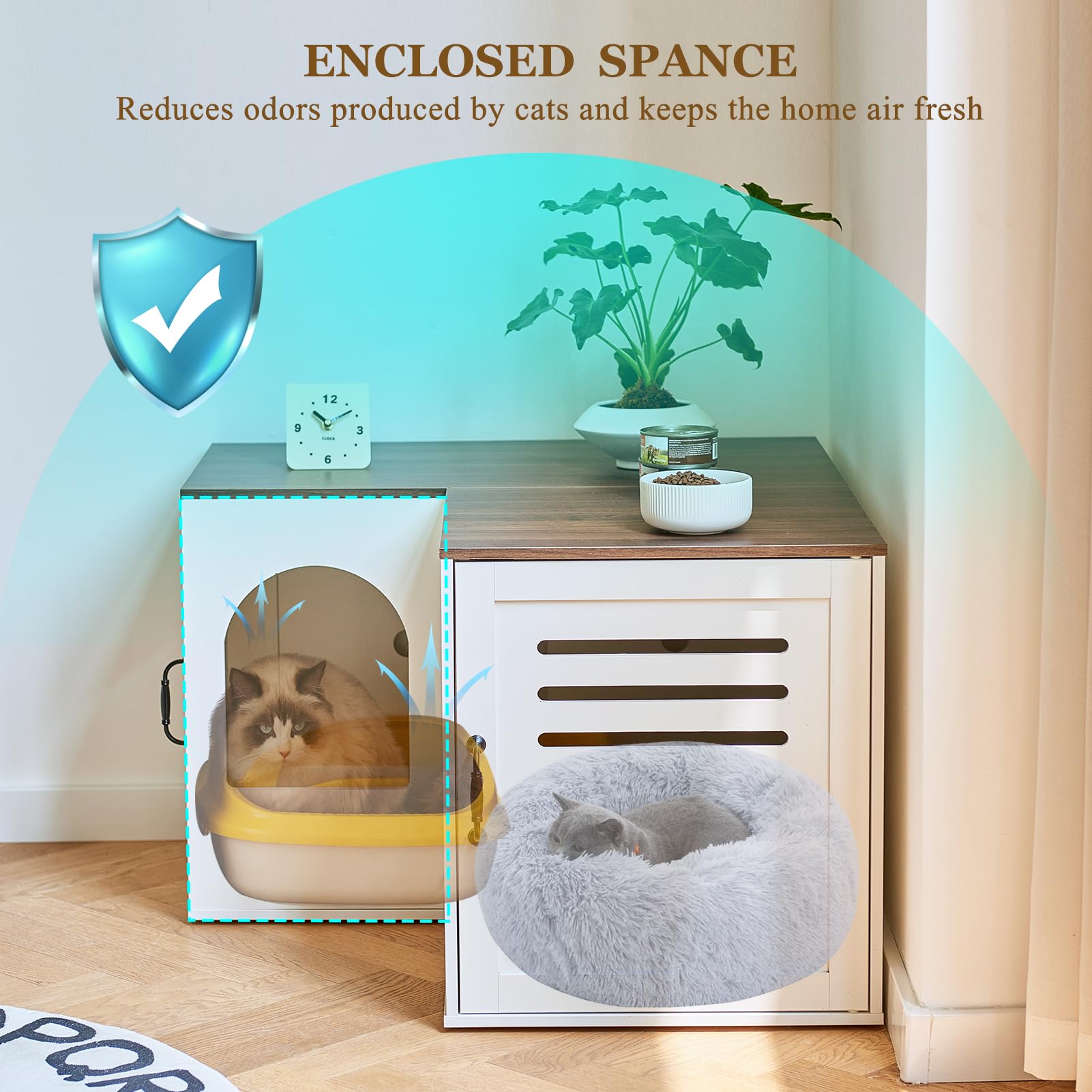 Janflyhome Corner Litter Box Enclosure For 2 Cats, 31.5In Hidden Litter Box Furniture, Litter Box Cabinet With Double Room, Indo