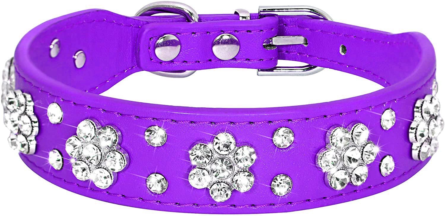 Serijoars Rhinestone Dog Collar, Cute Flower Rhinestone Bling Collar Pu Leather Adjustable Sizes Xs Small Medium (S, Purple)