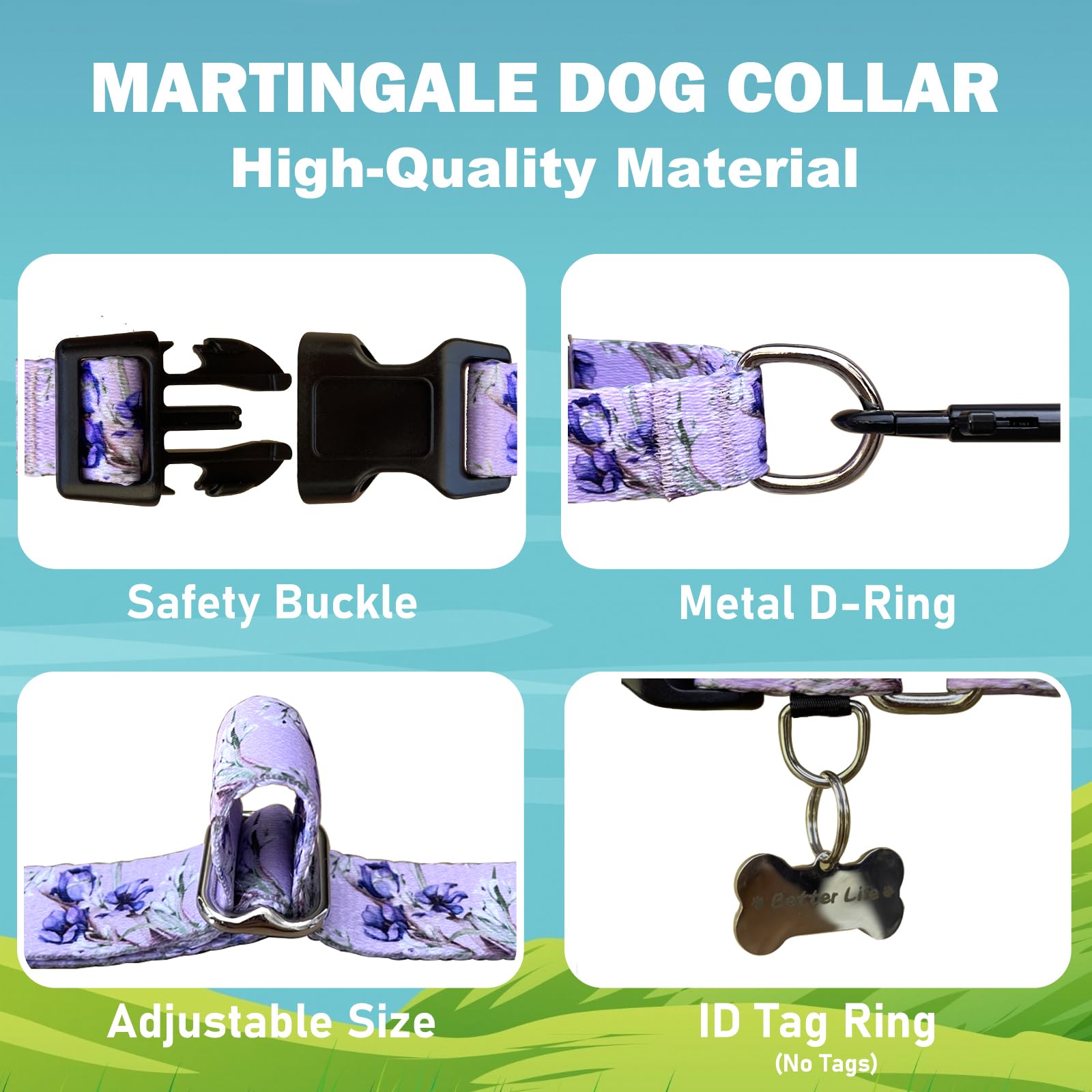 Fidohug Purple Martingale Dog Collars For Medium Dogs With Buckle Floral Pattern Nylon Dog Collar (Purple Lily, Medium)