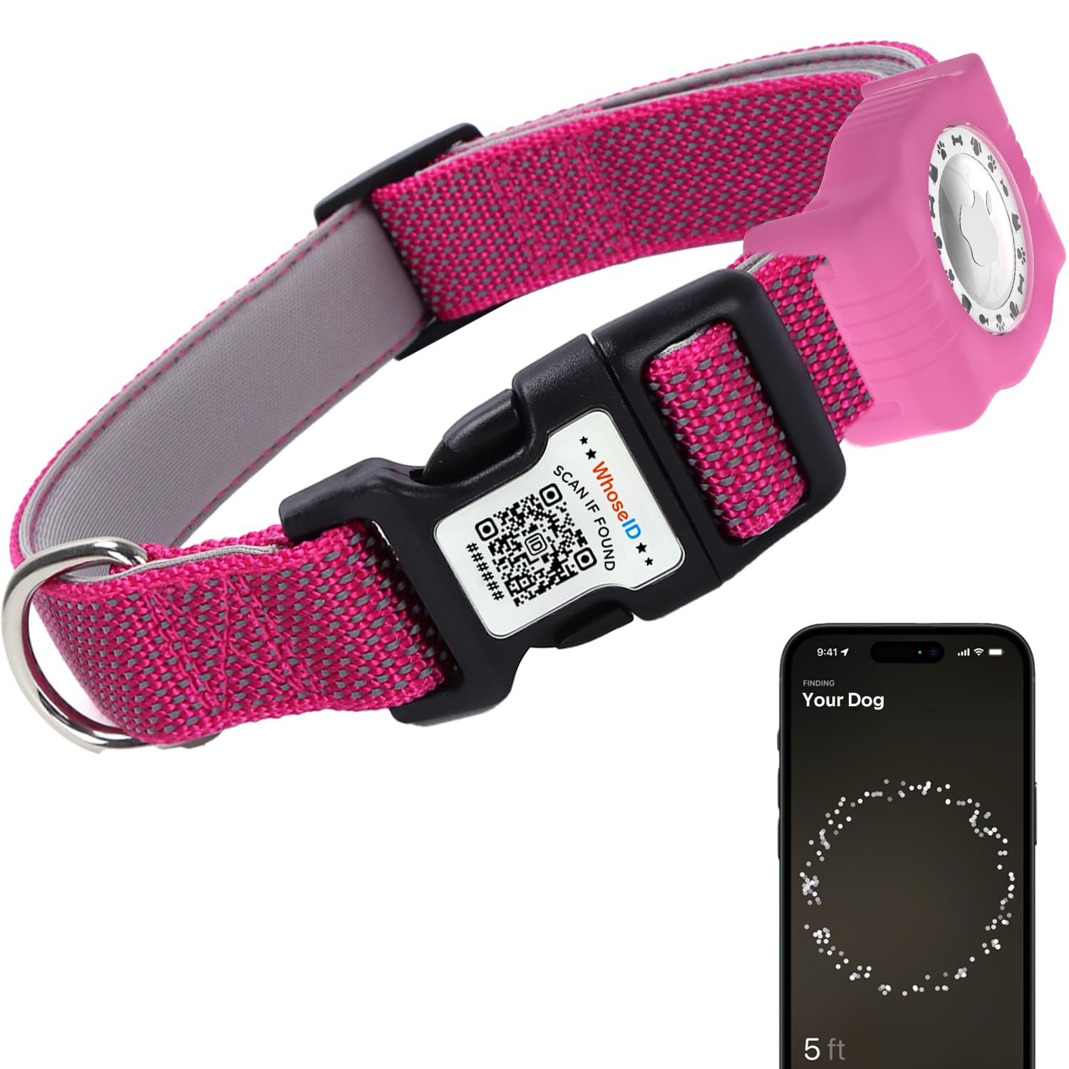 Whoseid Reflective Dog Collar With Airtag Holder,Adjustable Dog Collar With Neoprene Padded & Anti-Lost Qr Code Buckle (Rose, La