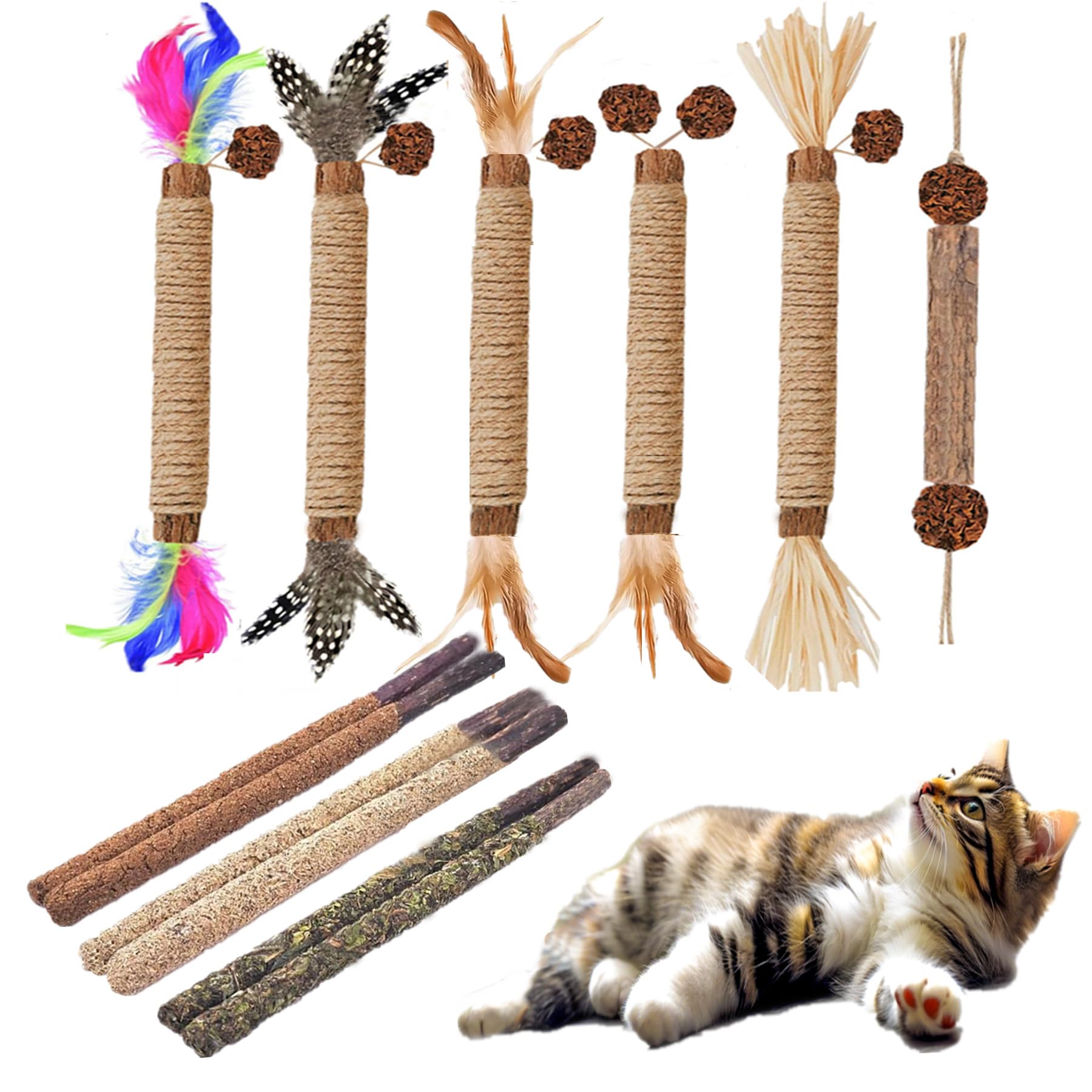 NSWXZDS Cat Toys 12Pack Kitten Silvervine Toy Indoor Catnip Toys Kitty Chew Stick with Feather Kitten Treat for Teeth Cleaning D
