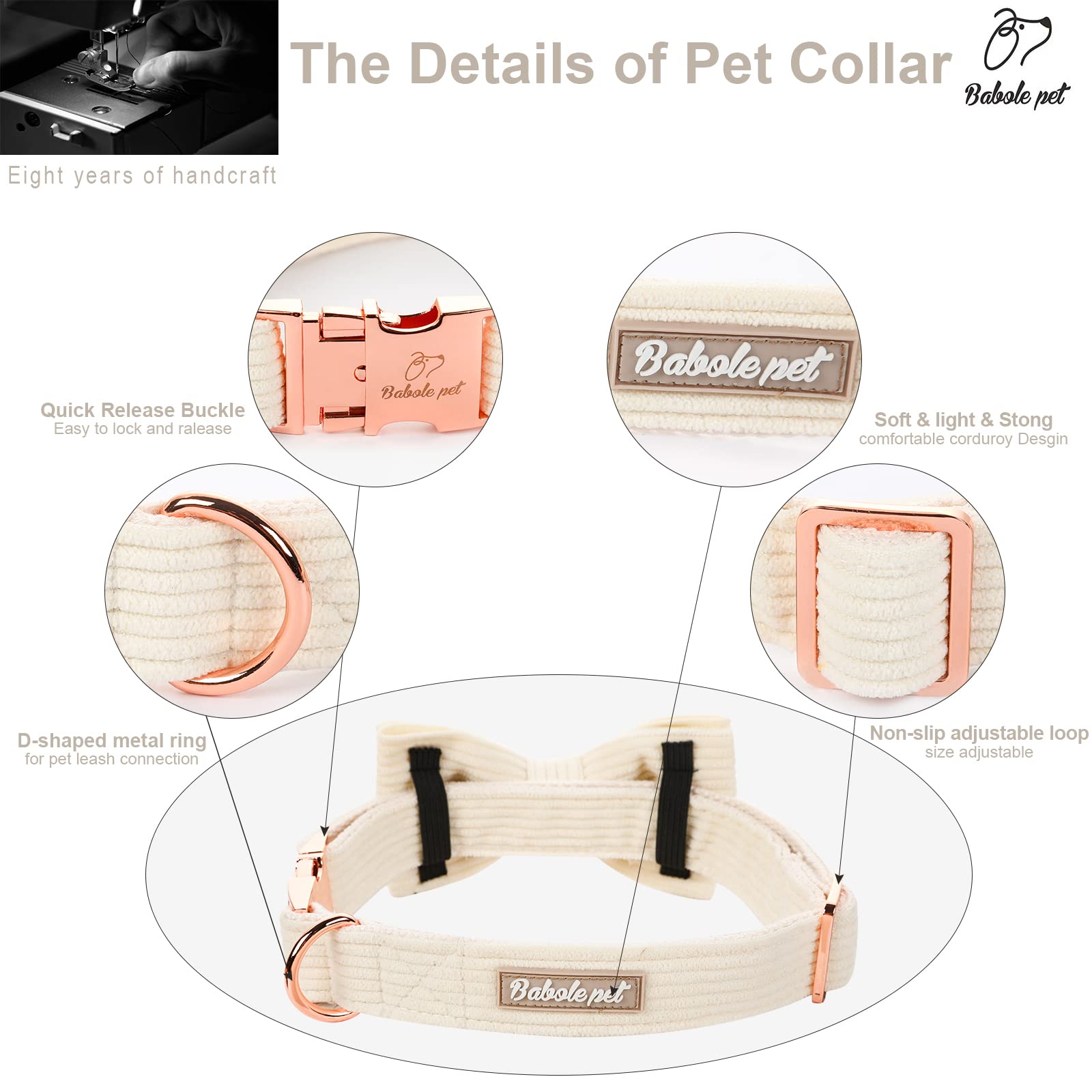 Babole Pet White Dog Collars for Large Dog,Cute Corduroy Dog Collar with Bow Tie Safety Metal Buckle Adjustable Puppy Collars fo
