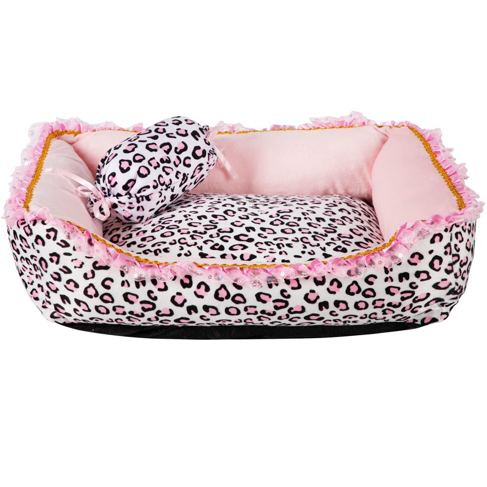 Gigreinc Dog Bed For Small Dogs - Cute Pink Leopard Dog Bed,Cat Beds For Indoor Cats Washable - Square Shape Cat Dog Sofa Bed Pe