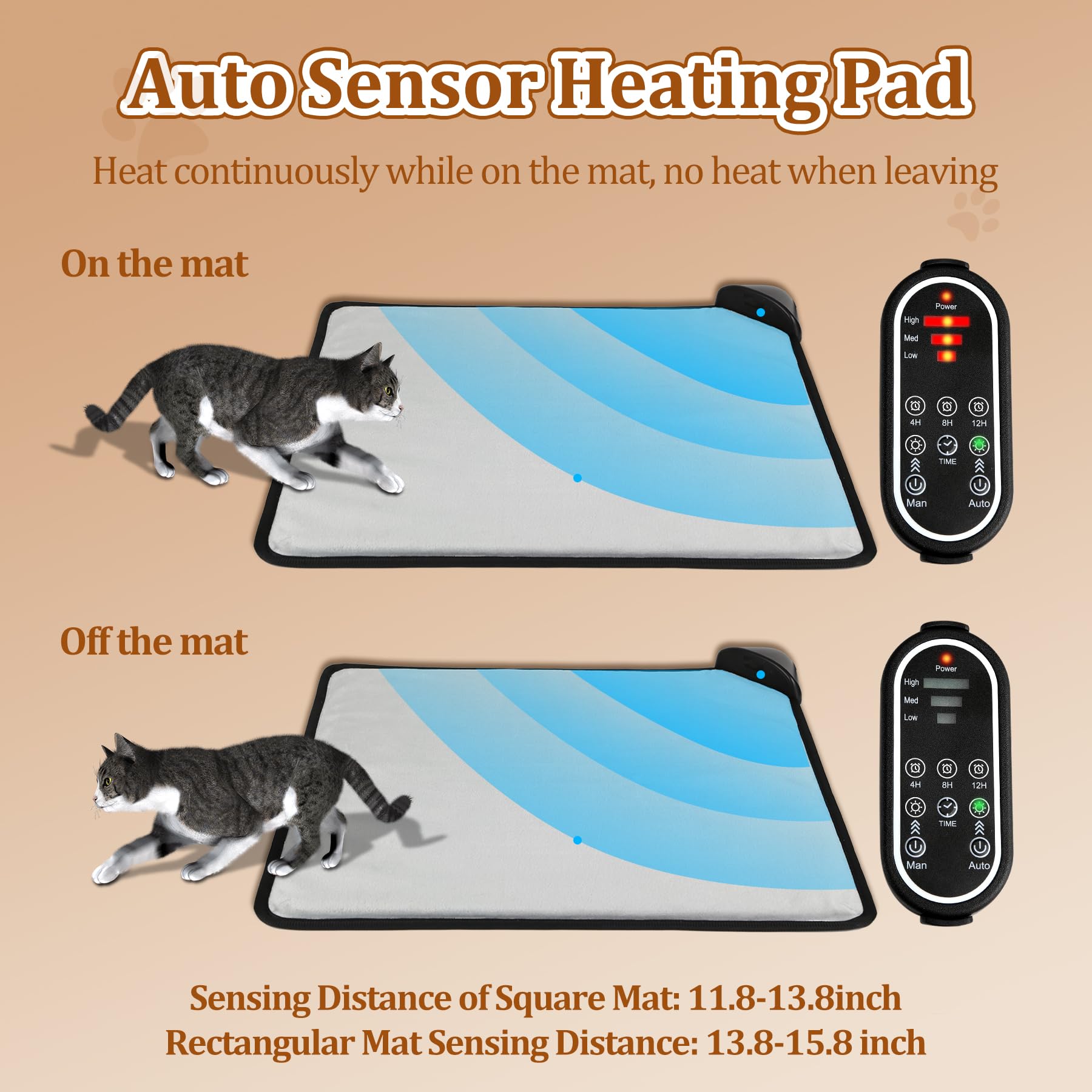 Rasfalo Cat & Dog Heating Pad - 3 Timer And 3 Level Temperature Smart Sensor Electric Pet Pad With Chew Resistant Cord, Indoor O