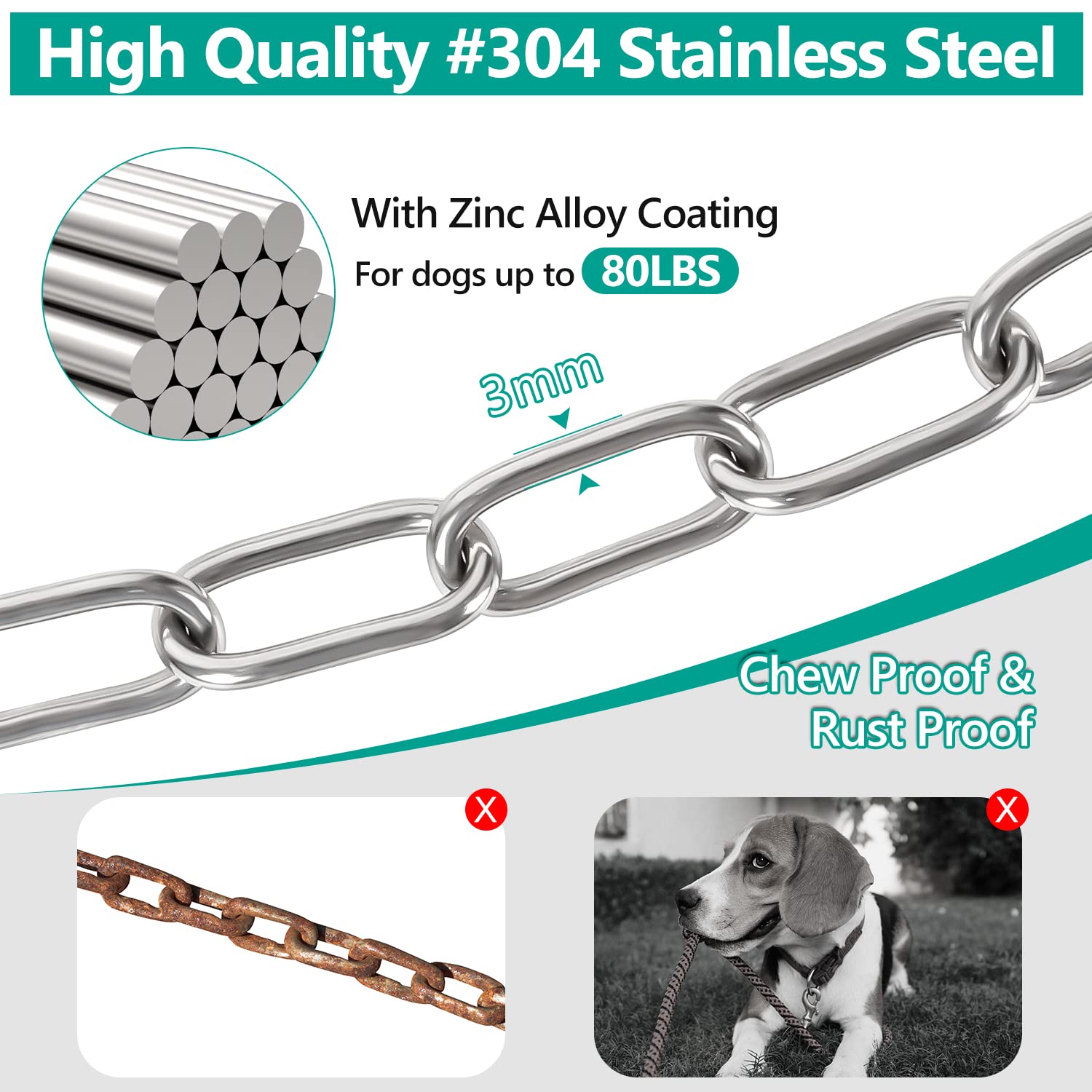 Tresbro Heavy Duty Dog Chains For Outside, 15Ft Stainless Steel Tie Out Cable With Swivel Hook For Small Medium Dogs, Metal Chew