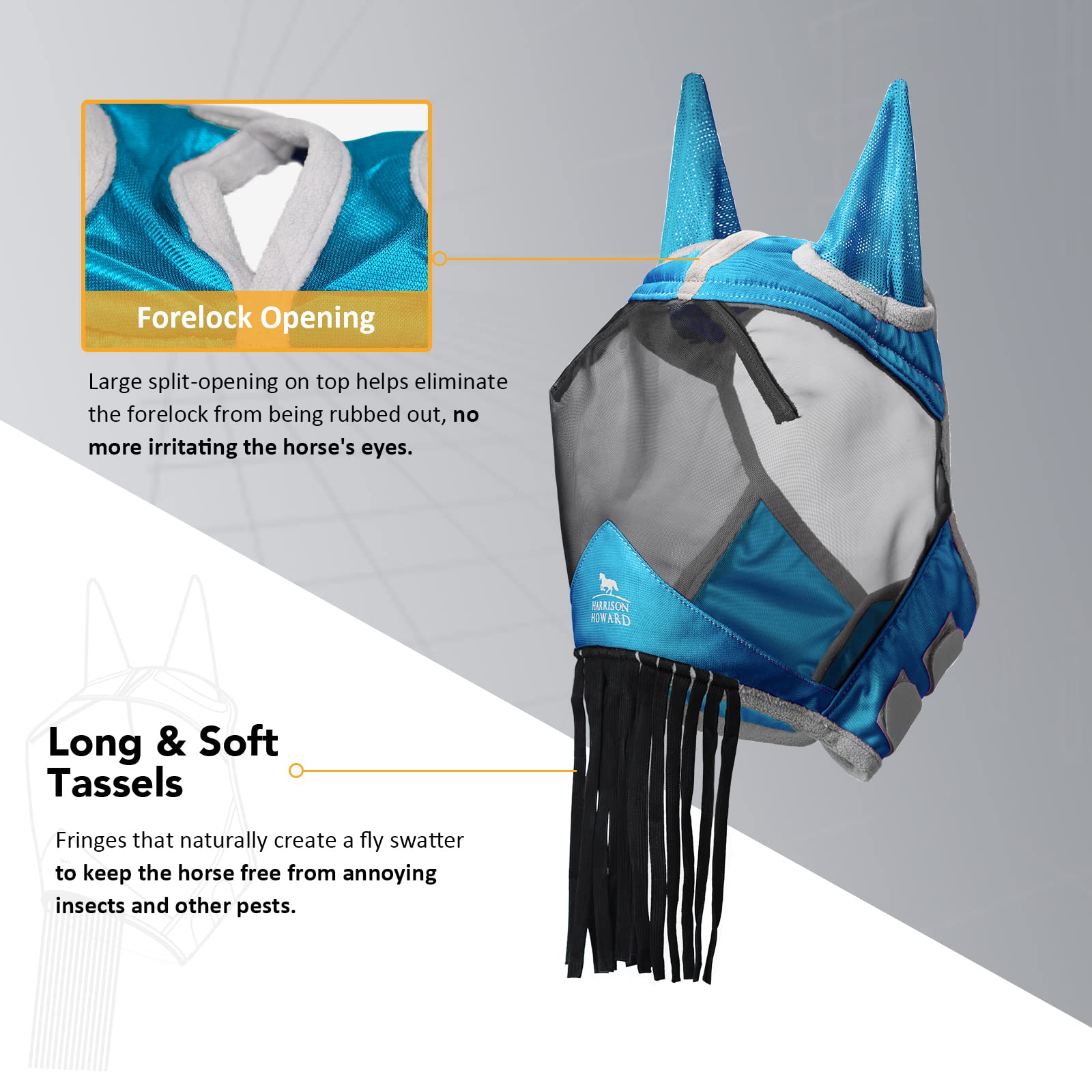 Harrison Howard CareMaster Horse Fly Mask with Ears and Nose Fringe Fly Protector Defender Mask Sky Blue Full Size