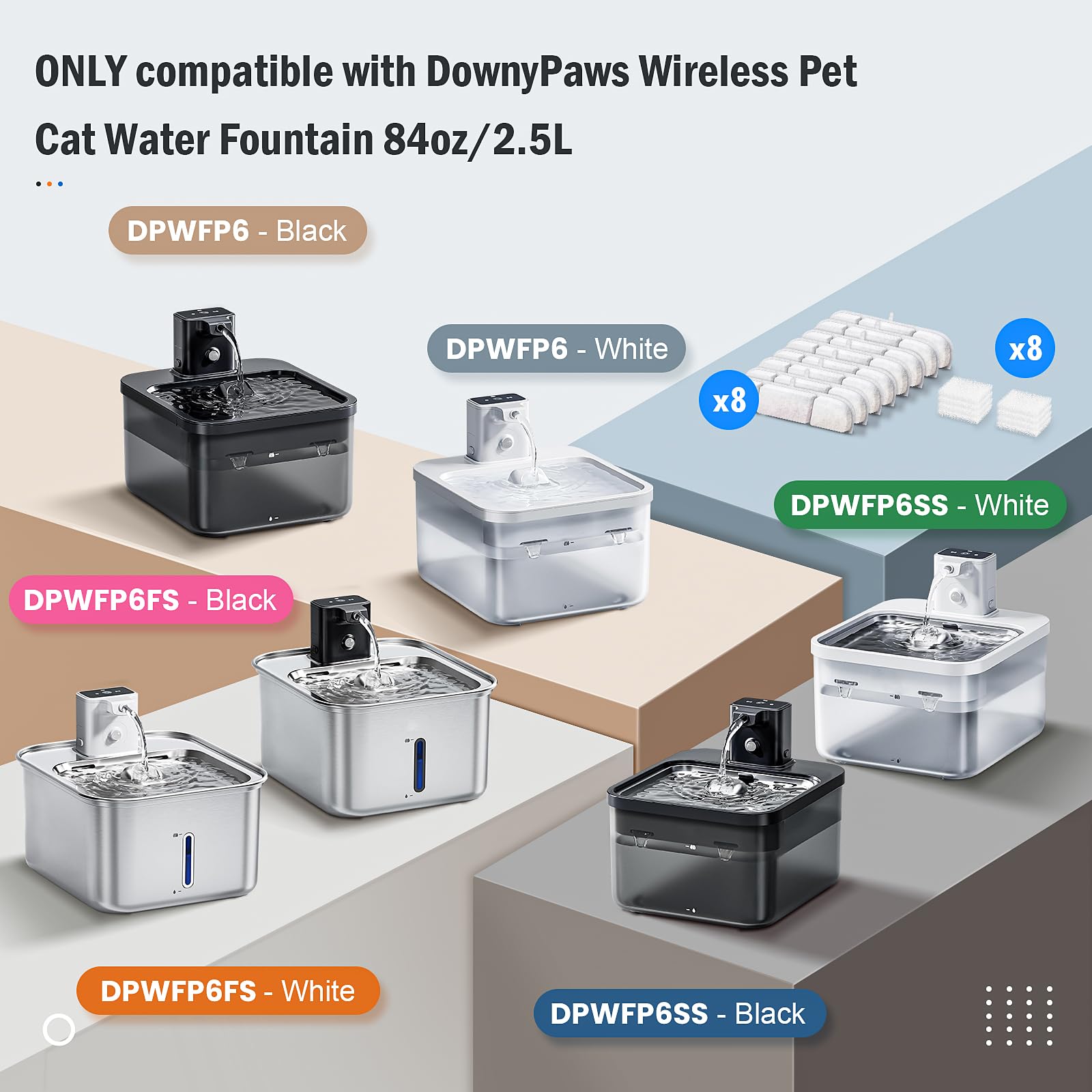 8 Packs Replacement Filters For Downypaws Battery Operated Cat Water Fountain Dpwfp6, 4 Months Set Of Replacement Filters For Do