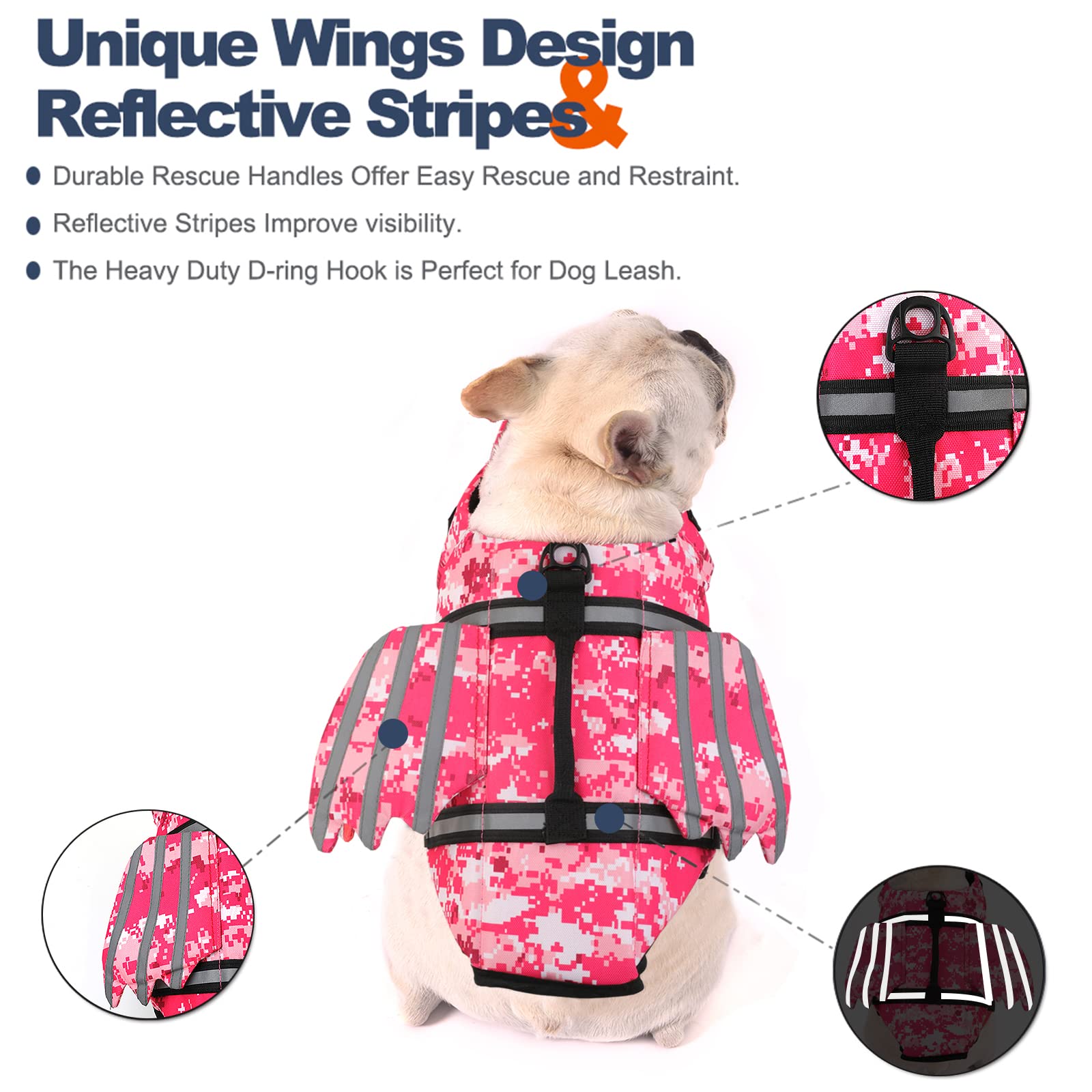 Petglad Dog Life Jacket, Wings Pet Life Vest, Reflective Dog Flotation Swim Vest With Handle And Chin Float For Boating Surfing