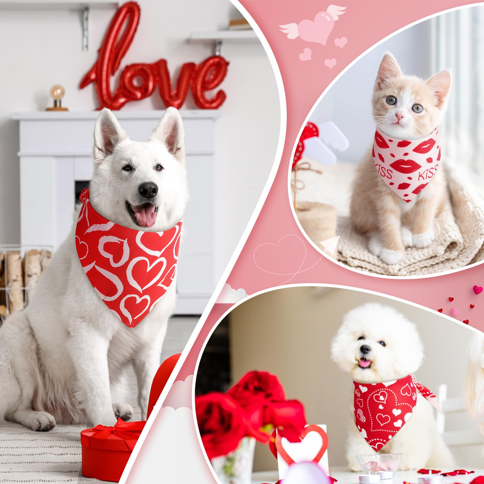 Jeere 50 Pieces Mother 's Day Dog Bandanas Bulk Pet Day Gift Pink Romantic Heart Bandanas for Dogs Triangle Kerchief Scarf Bibs