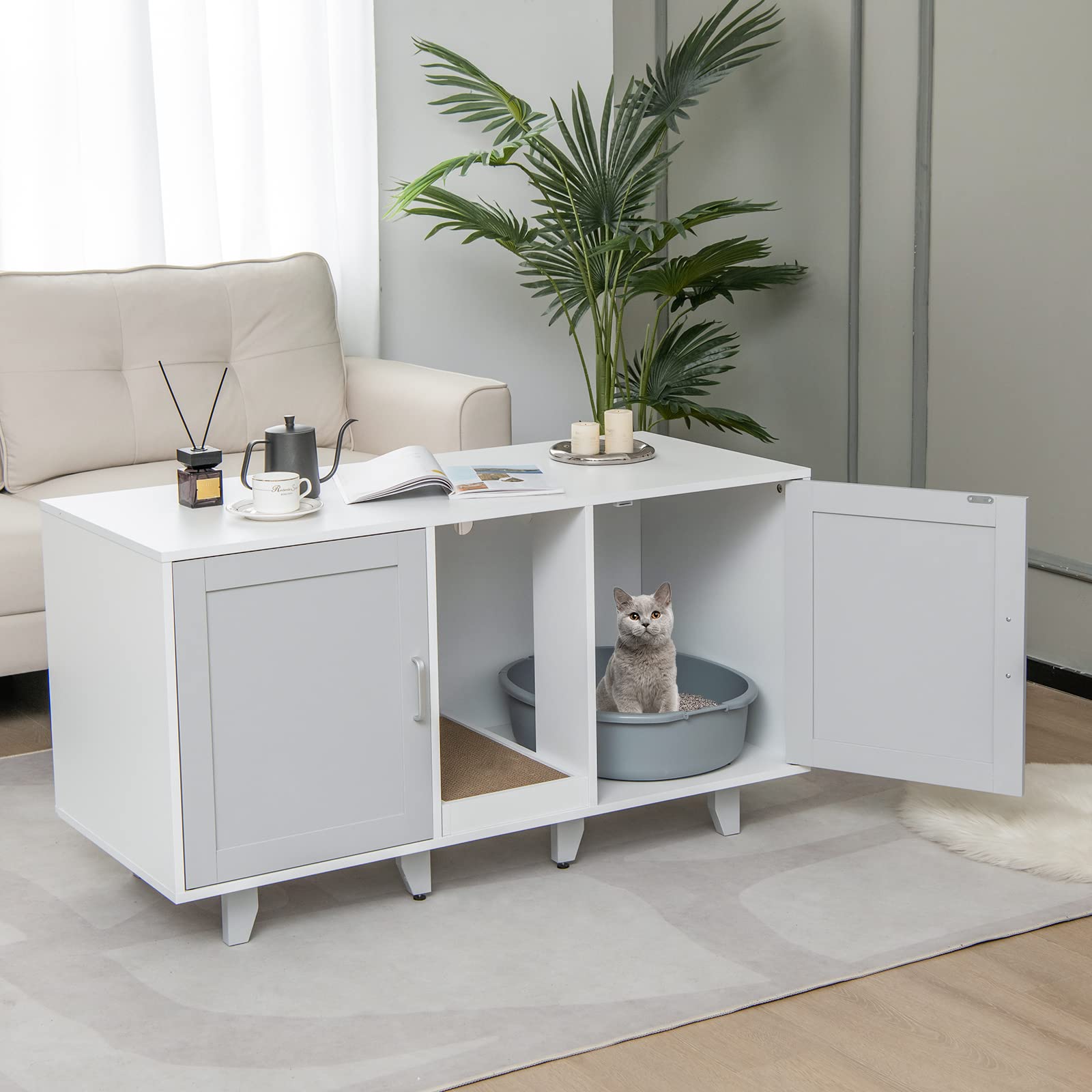 Tangkula Double Cat Litter Box Enclosure For 2 Cats, Large Stackable Hidden Privacy Cat Washroom Cabinet With Scratching Board, Indoor Cat House Tv Stand Side Table, Litter Box Furniture (Grey)