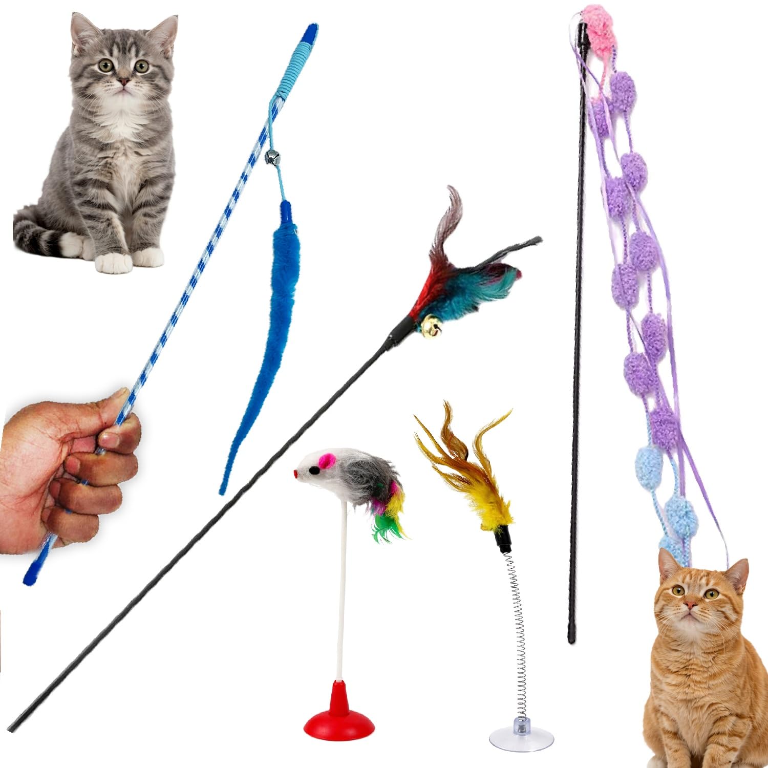 Yellowcult 5 In 1 Cat Teaser Toy Set With Feather Wand, Pompom Stick, Long Tail Teaser & Dual Suction Cup Spring Toys  Interact