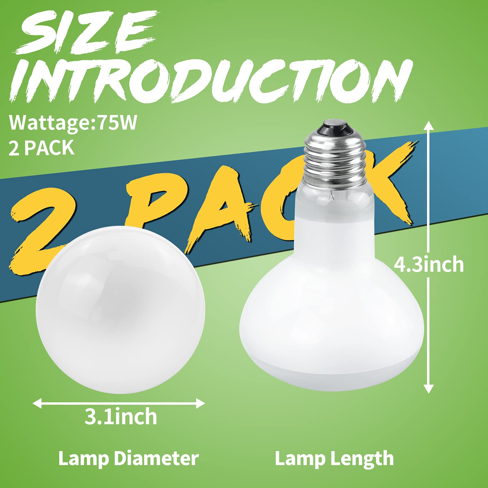 Lucky Herp 2 Pack Reptile Heat Lamp Bulbs 75W (2Nd Gen), Basking Light Bulb For Reptiles & Amphibians, Simulated Natural Sunligh