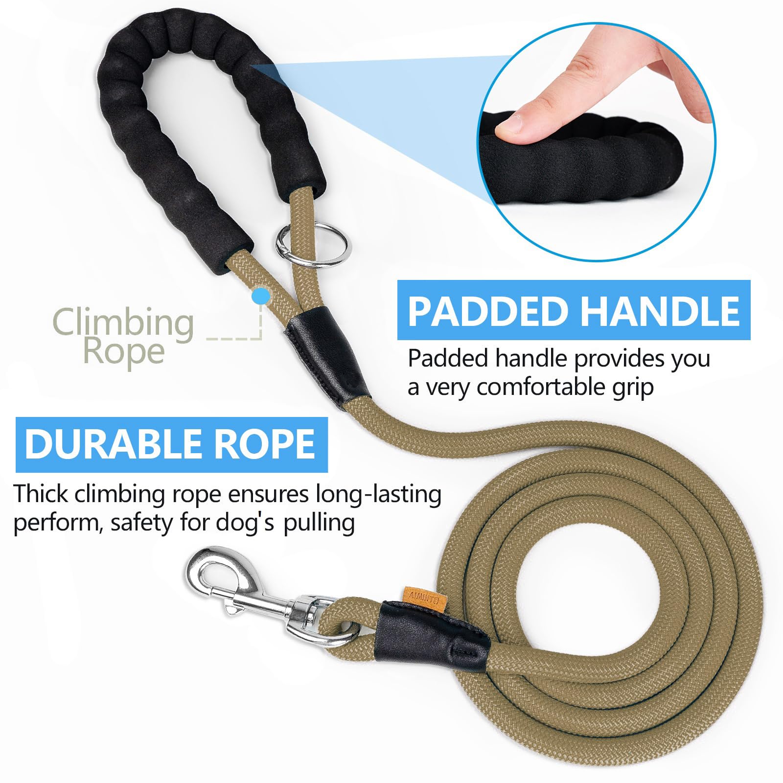 Aiminto Dog Leash, Braided Rope Traction - Walking Training Lead for Small Dogs ((1/3 '') x 6FT, Khaki)