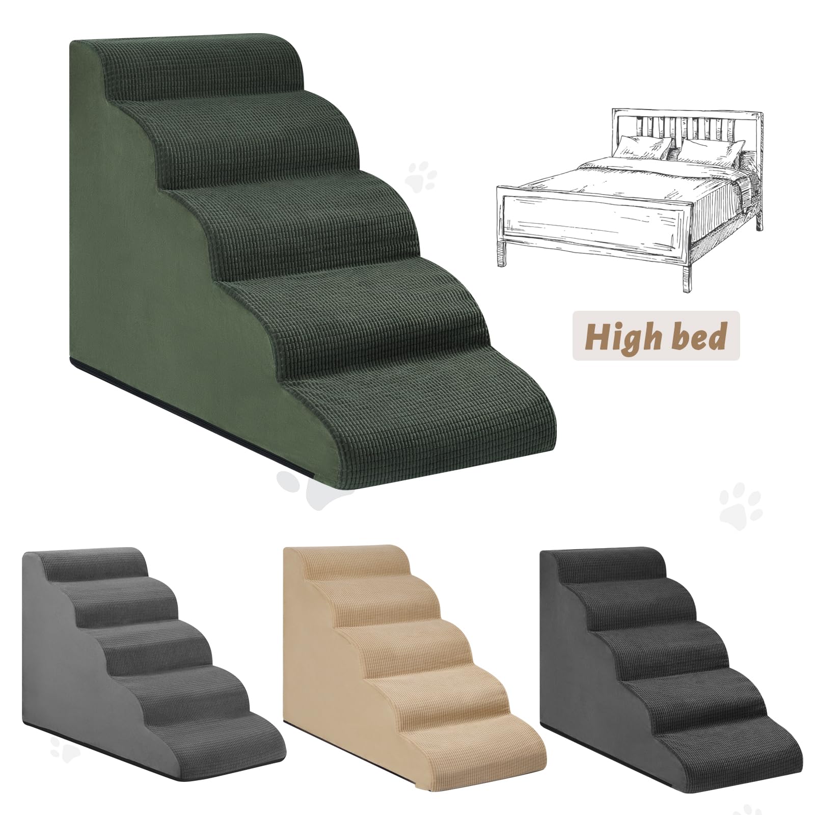 Aodisman 5-Step Dog Stairs and Ramp for High Bed, Non-Slip Sturdy Pet Steps for Small Dogs and Cats,22.2 H,Green