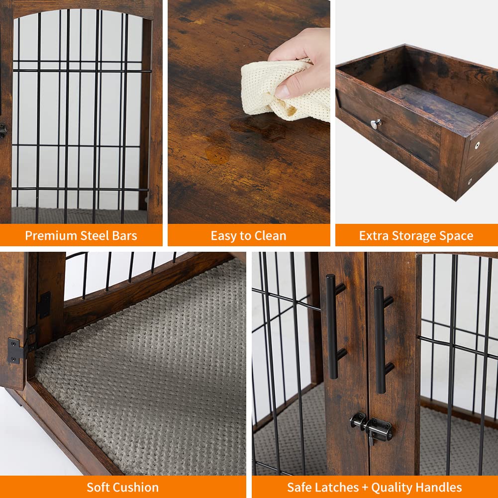 Rustic Brown Dog Crate Furniture Table with 2 Drawers & 3 Doors - Indoor Dog Kennel & House - Side End Table - 39.4 L