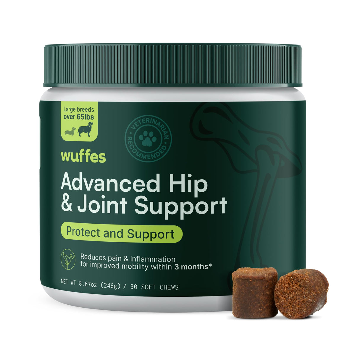 Wuffes Advanced Dog Hip And Joint Supplement With Glucosamine, Chondroitin, Omega 3, Msm, And Green Lipped Mussel, 30 Pork Flavored Chews For Large Dog Breeds