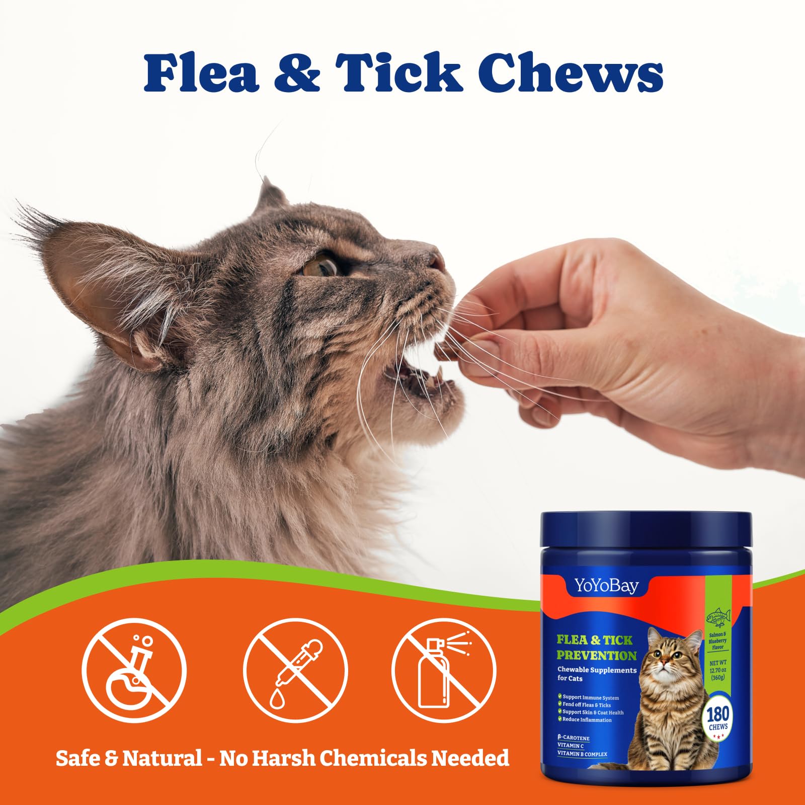 YoYoBay Flea Treatment for Cats - Salmon & Blueberry Flavor Cat Flea Treatment Chewable, Natural Flea and Tick Prevention for Ca