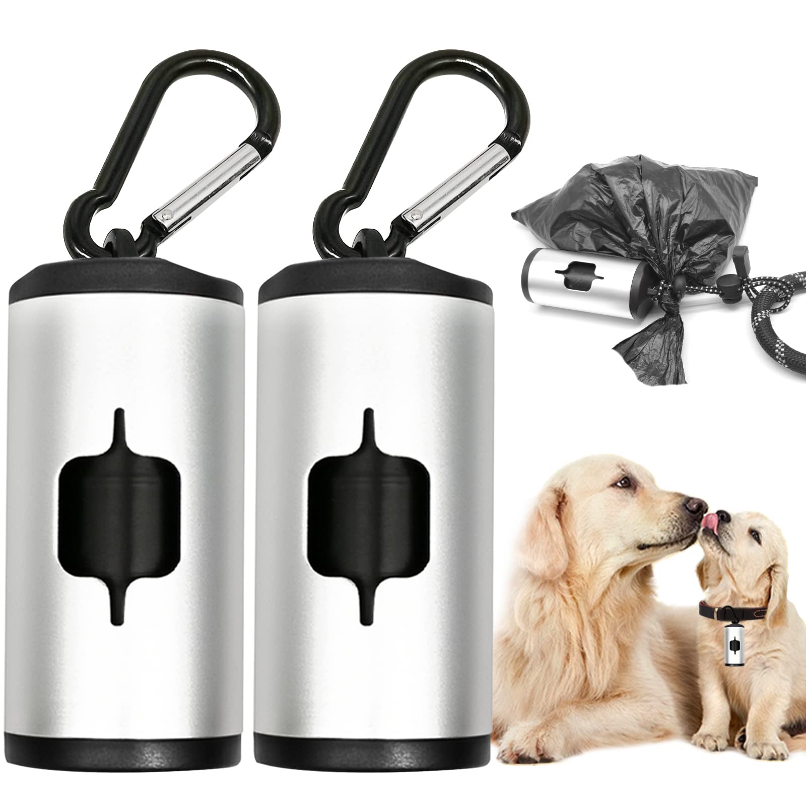 Yuchiya Aluminum Dog Poop Bags Holder With Carabiner Metal Pet Waste Bags Dispenser With Hook And Loop Fastener And Elastic Cord To Carry Used Bags(Silver, 2 Holder 30 Bags)