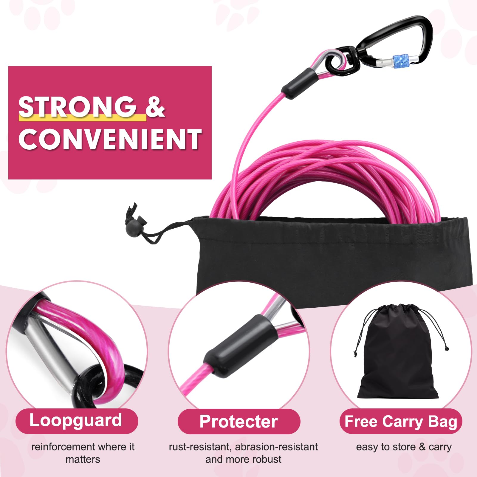 Snagle Paw Heavy Duty Long Leads For Yard 200Ft-1000Lbs Break Strength, Tie Out Cable With Swivel Lockable Hook & Spring, Chew P