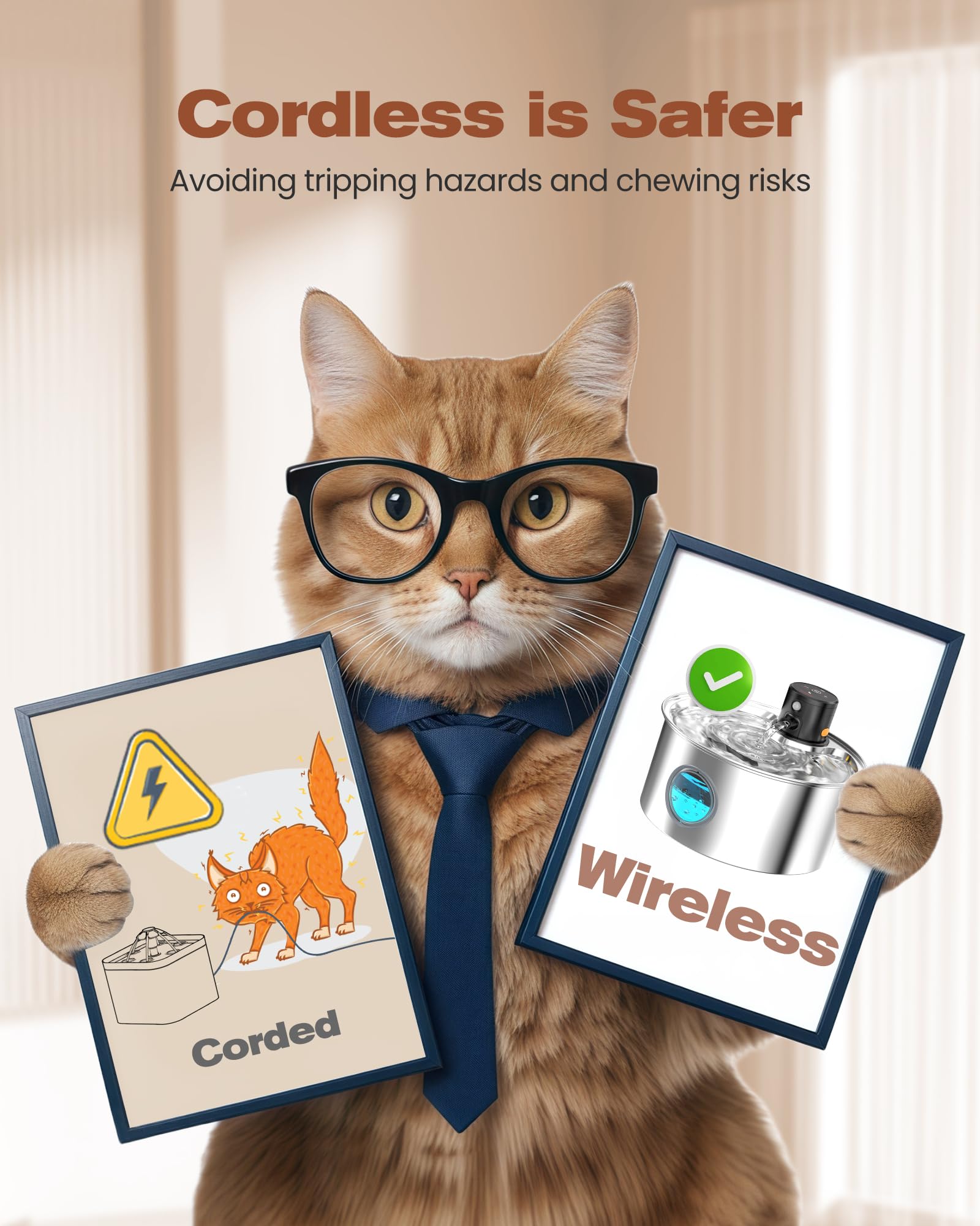 Cat Water Fountain Battery Powered: Cordless Cat Fountain Wireless - Rechargeable Pet Water Fountain Stainless Steel - 108Oz/3.2