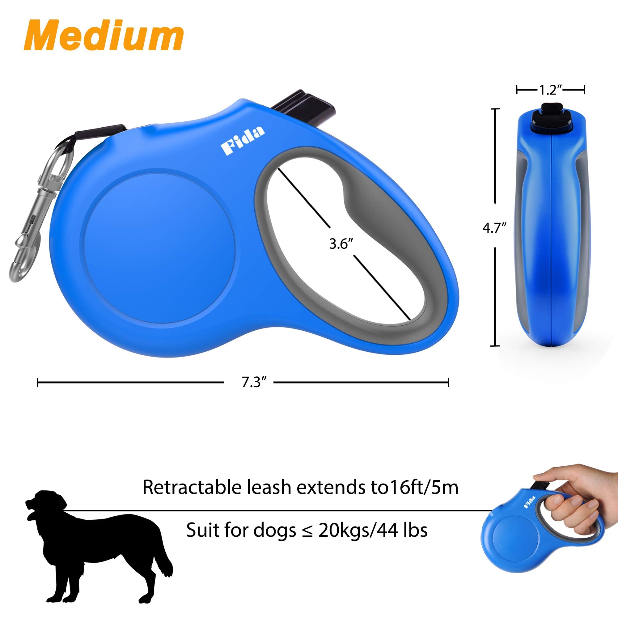 Fida Retractable Dog Leash With Dispenser And Poop Bags, 16 Ft Pet Walking Leash For Medium Dog Or Cat Up To 44 Lbs, Anti-Slip Handle, Tangle Free, Reflective Nylon Tape (M, Blue)
