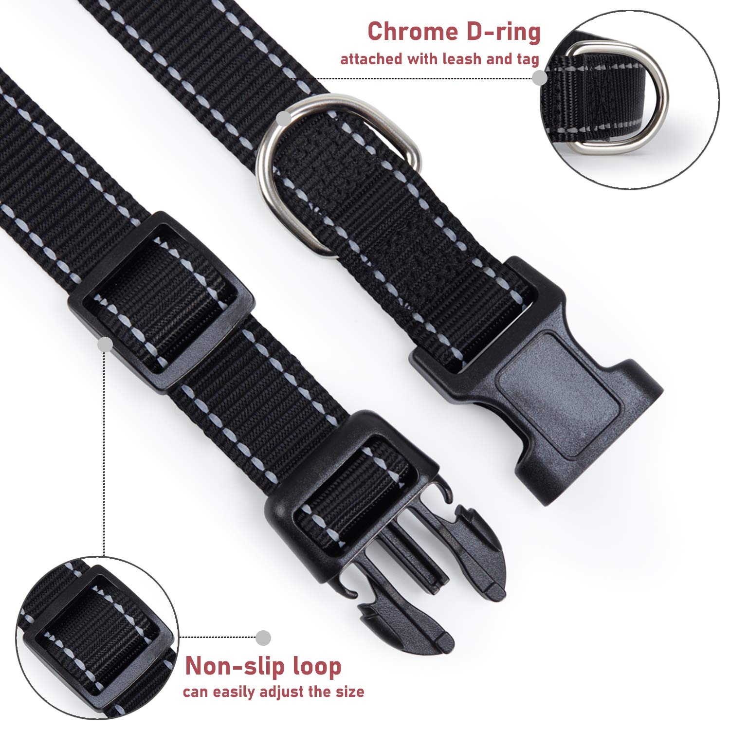 Reflective Dog Collar With Buckle Adjustable Safety Nylon Collars For Small Medium Large Dogs, Black Xxs