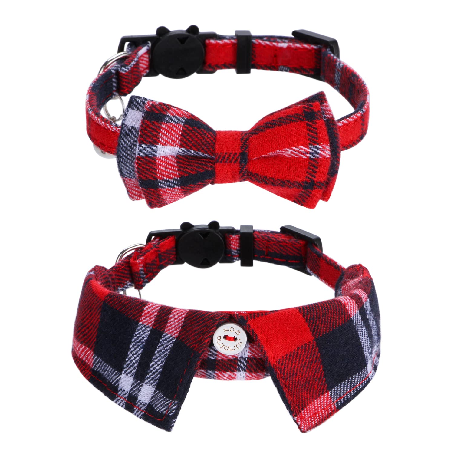 Faleela 2 Pack/Set Cat Collar With Cute Bow Tie And Bell,Breakaway Plaid Shirt Collar For Kitty Adjustable Safety